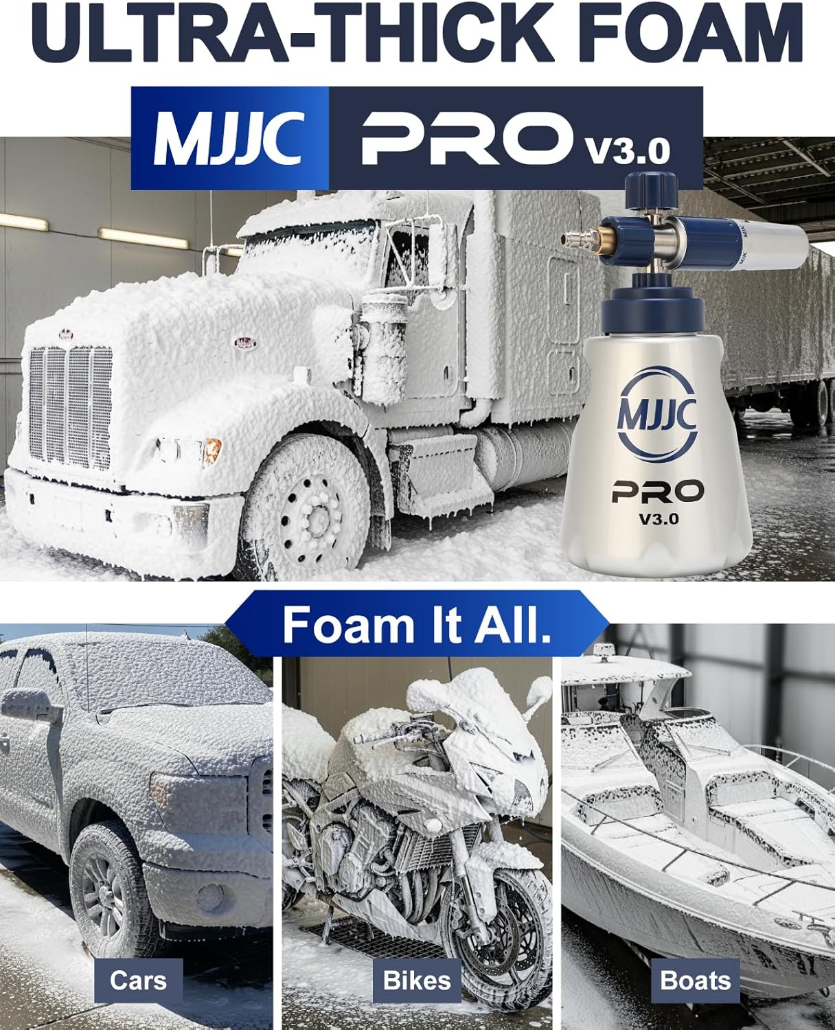 MJJC PRO V3.0 Ultimate Foam Cannon for Pressure Washers – Professional Car Wash Accessory Kit with Thick Foam, Stainless Steel, 44 fl oz Bottle (Pro V3.0 (1/4" Quick Connector) + SOAP Sample) - Image 2