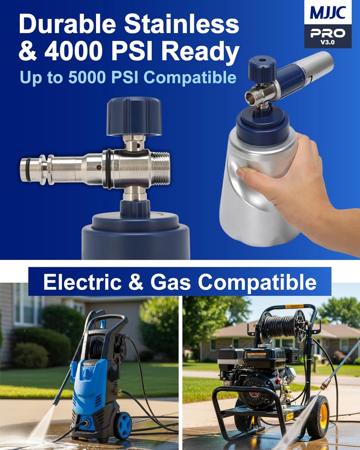 MJJC PRO V3.0 Ultimate Foam Cannon for Pressure Washers – Professional Car Wash Accessory Kit with Thick Foam, Stainless Steel, 44 fl oz Bottle (Pro V3.0 (1/4" Quick Connector) + SOAP Sample) - Image 3