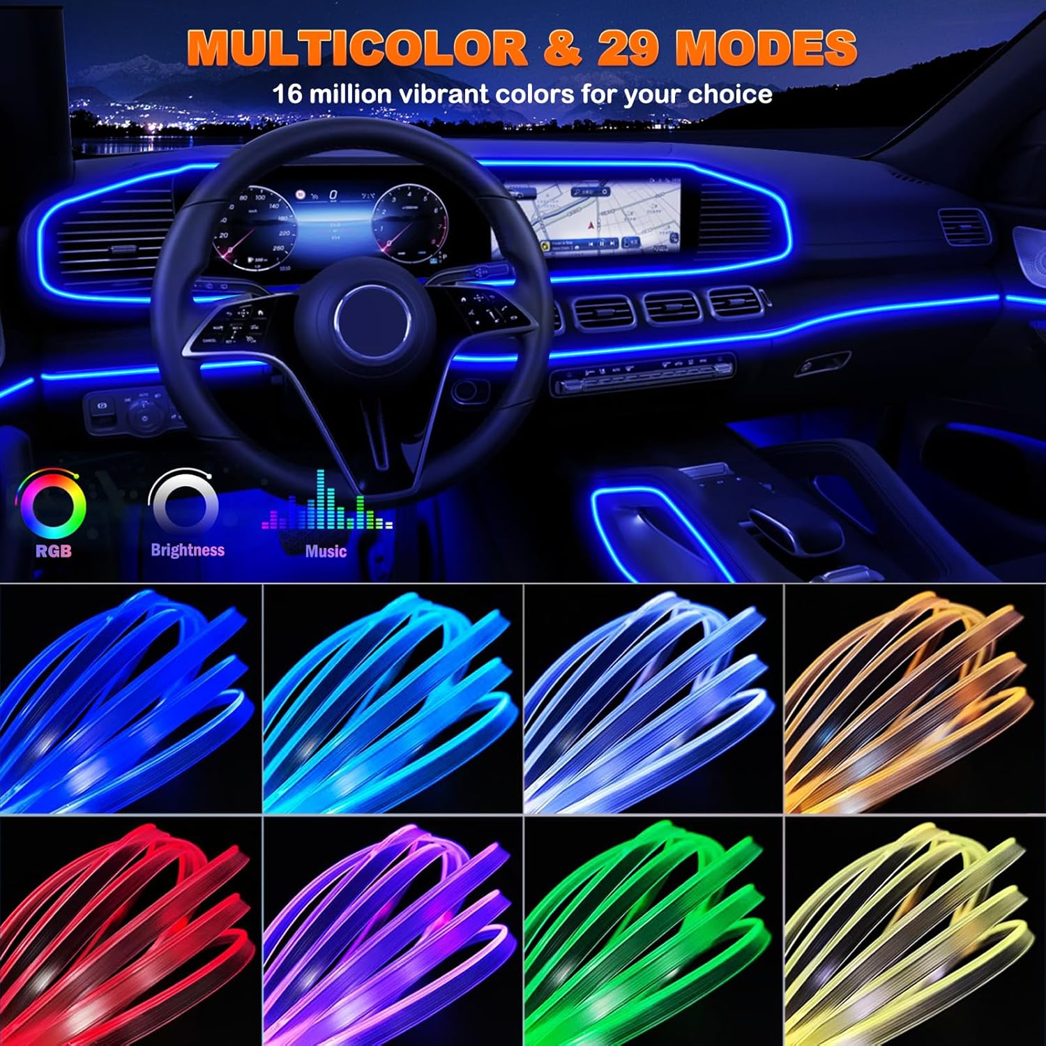 Jushope Interior Car LED Strip Lights with Wireless APP and Remote Control, RGB 5 in 1 Ambient Lighting Kits with 236 inches Fiber Optic, 16 Million Colors Car Neon Lights, Sync to Music - Image 2