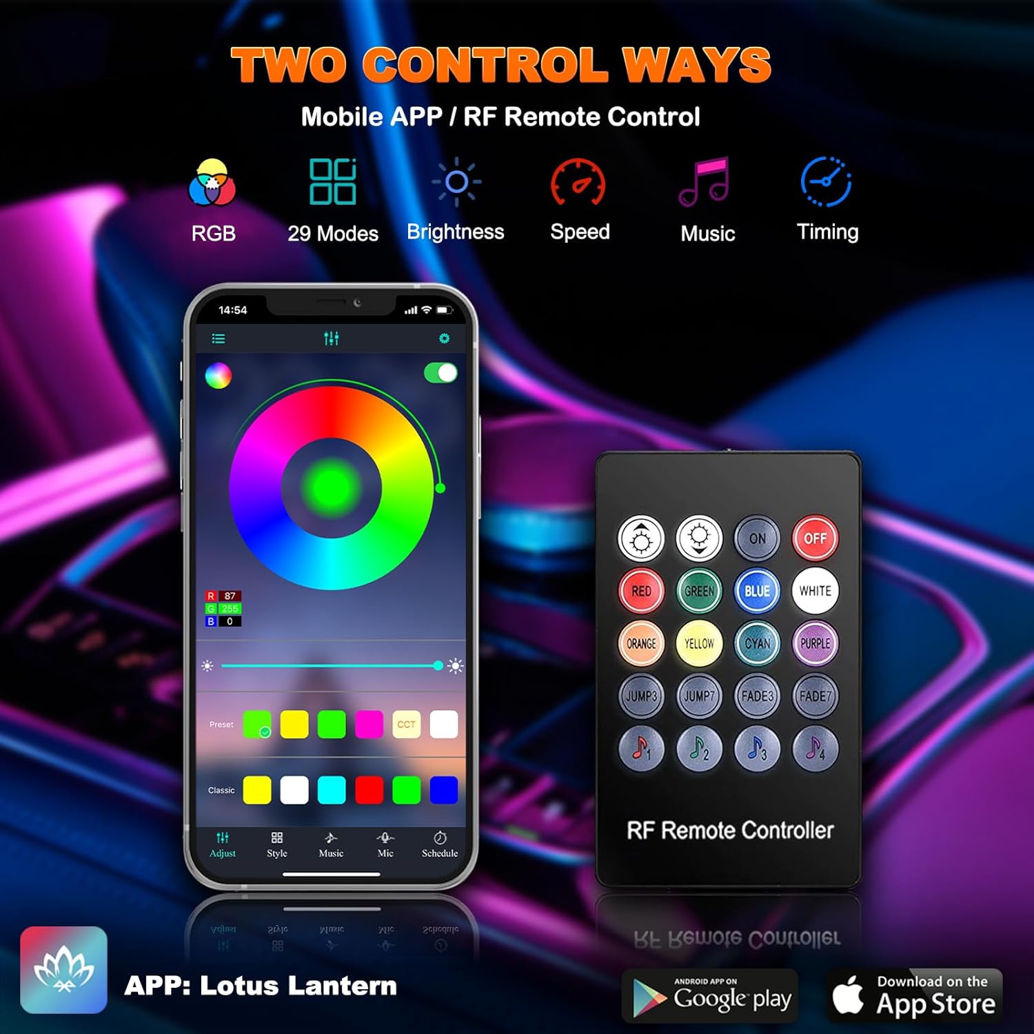 Jushope Interior Car LED Strip Lights with Wireless APP and Remote Control, RGB 5 in 1 Ambient Lighting Kits with 236 inches Fiber Optic, 16 Million Colors Car Neon Lights, Sync to Music - Image 3