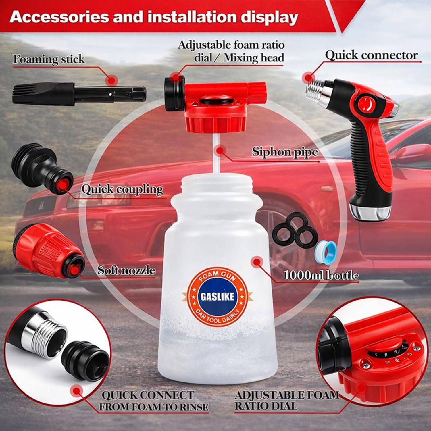 GASLIKE 63PCS Car Wash Cleaning Kit,Car Wash Brush with Long Handle,Car Detailing Kit with Foam Gun,Car Cleaning Supplies,Handheld Vacuum, Car Detailing Kit (63PCS) - Image 2