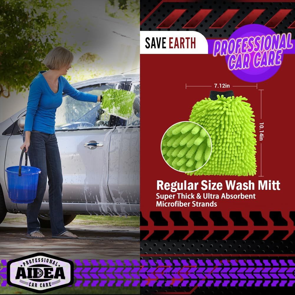 AIDEA Car Wash Mitt Microfiber, 1PK-Scratch-Free& Lint-Free, Premium Chenille Microfiber Mitt Car Wash Brush-Green Regular Size (7.12''X10.14'') - Image 2
