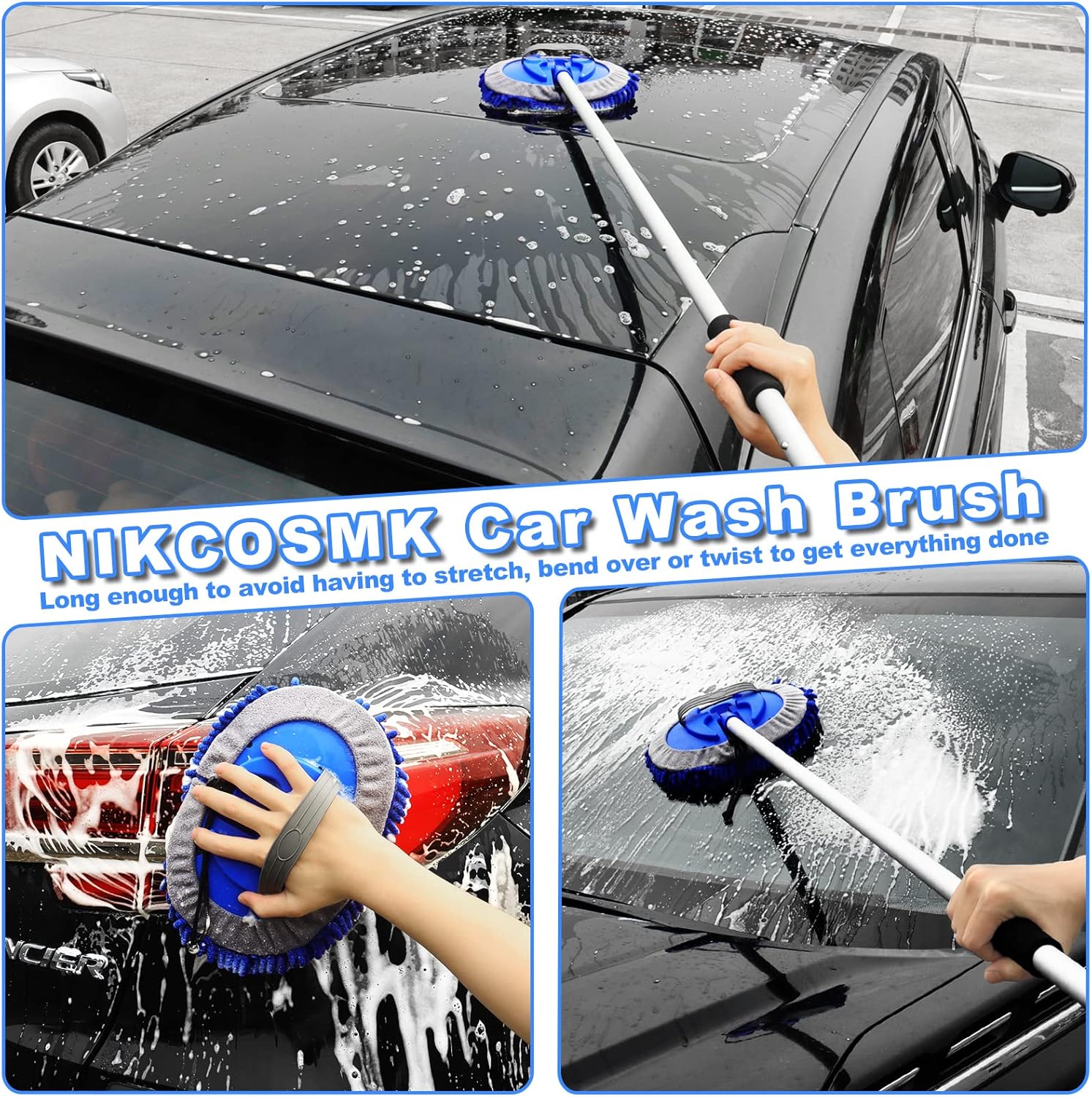 62'' Car Wash Brush Kit - Mitt, Mop, Sponge & Long Handle, Scratch-Free Chenille Replacement Head, Wheel Tire Brush, Car Detailing Kit for Cars, RV, Truck - Image 2