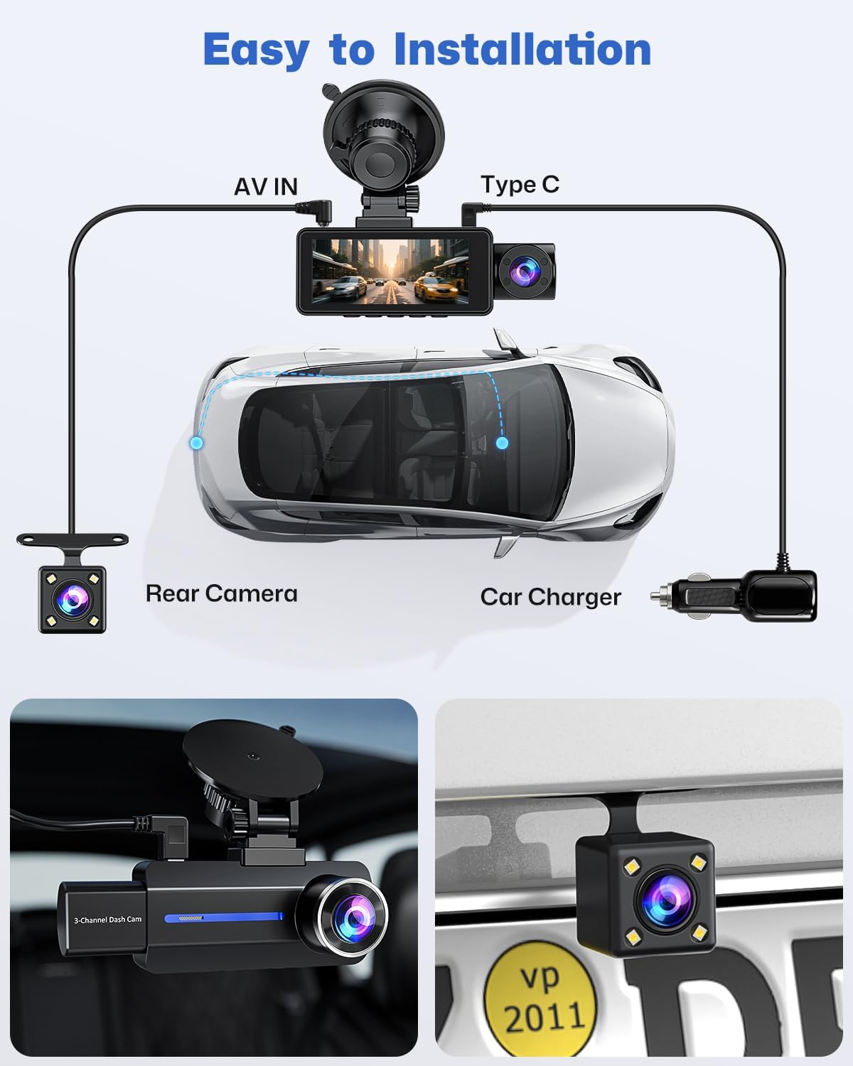BAEASU Dash Cam Front and Rear 2.5K/1440P, 3 Channel Dash Camera for Cars Dash Cam Front Rear and Inside with 32GB Card, 3.16" IPS Screen, G-Sensor, Loop Recording, Night Vision, Parking Mode - Image 9