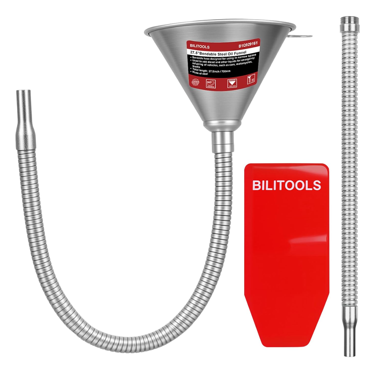 BILITOOLS 4pc Oil Change Kit, Spill-Free Steel System with Filter & 14.6"/26.2 Hoses + Reusable Flexible Funnel for Automotive Use, Universal Oil Funnel Kit for Engine, Transmission & Cooling Systems