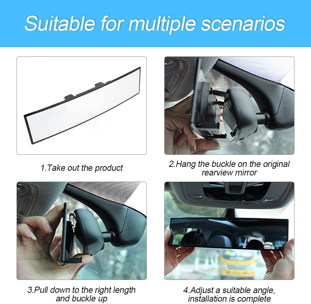 8sanlione Car Rearview Mirrors, Shock Resistant Interior Clip-on Panoramic Rear View Mirror for Car, Wide Viewing Range, 12 inch HD Universal Use for Cars, SUVs, Trucks, Vehicles (White) - Image 5