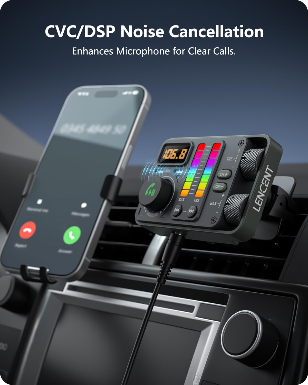 LENCENT Bluetooth Car Adapter, Bluetooth 5.3 FM Radio Transmitter with Hi-Fi Treble & Bass Music Player, PD20W and QC18W Fast Charger, Dual Mics for Hands-Free Call, Siri & Google, U Disk/3.5mm AUX - Image 6