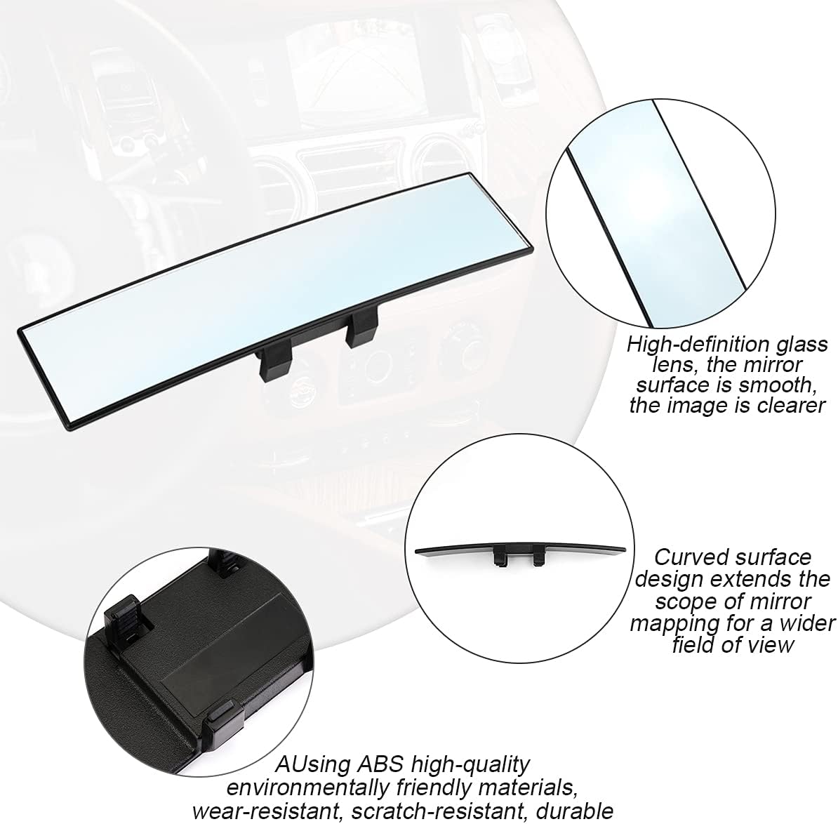 8sanlione Car Rearview Mirrors, Shock Resistant Interior Clip-on Panoramic Rear View Mirror for Car, Wide Viewing Range, 12 inch HD Universal Use for Cars, SUVs, Trucks, Vehicles (White) - Image 3