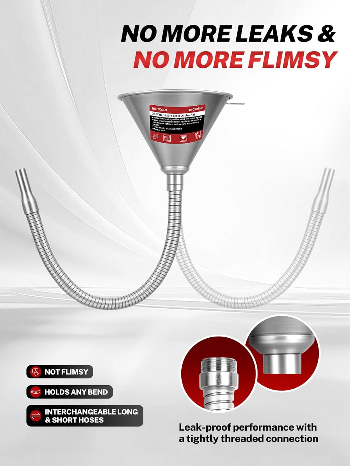 BILITOOLS 4pc Oil Change Kit, Spill-Free Steel System with Filter & 14.6"/26.2 Hoses + Reusable Flexible Funnel for Automotive Use, Universal Oil Funnel Kit for Engine, Transmission & Cooling Systems - Image 3