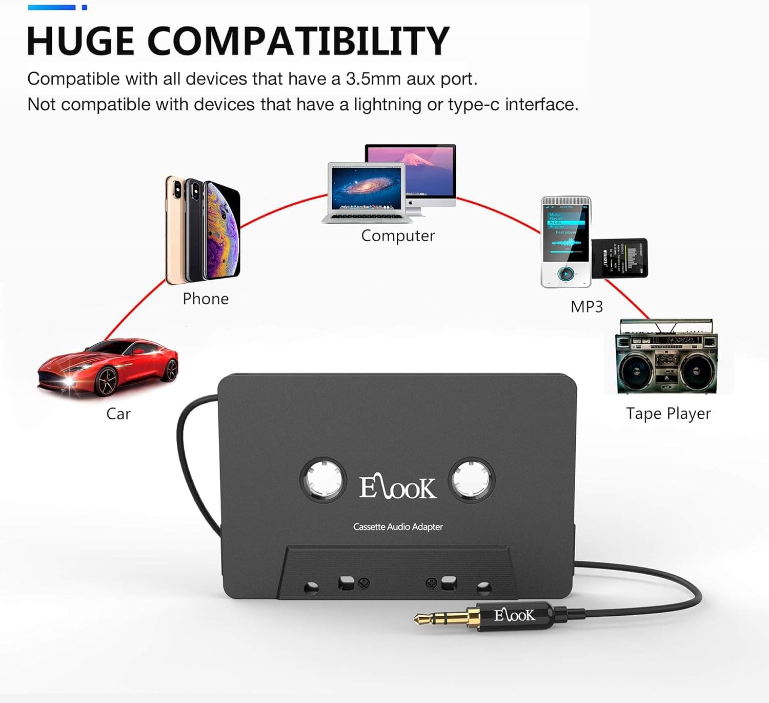 Elook Car Cassette Aux Adapter, 3.5mm Universal Audio Cable Tape Adapter for Car, Phone, MP3 ect. (Black) - Image 3