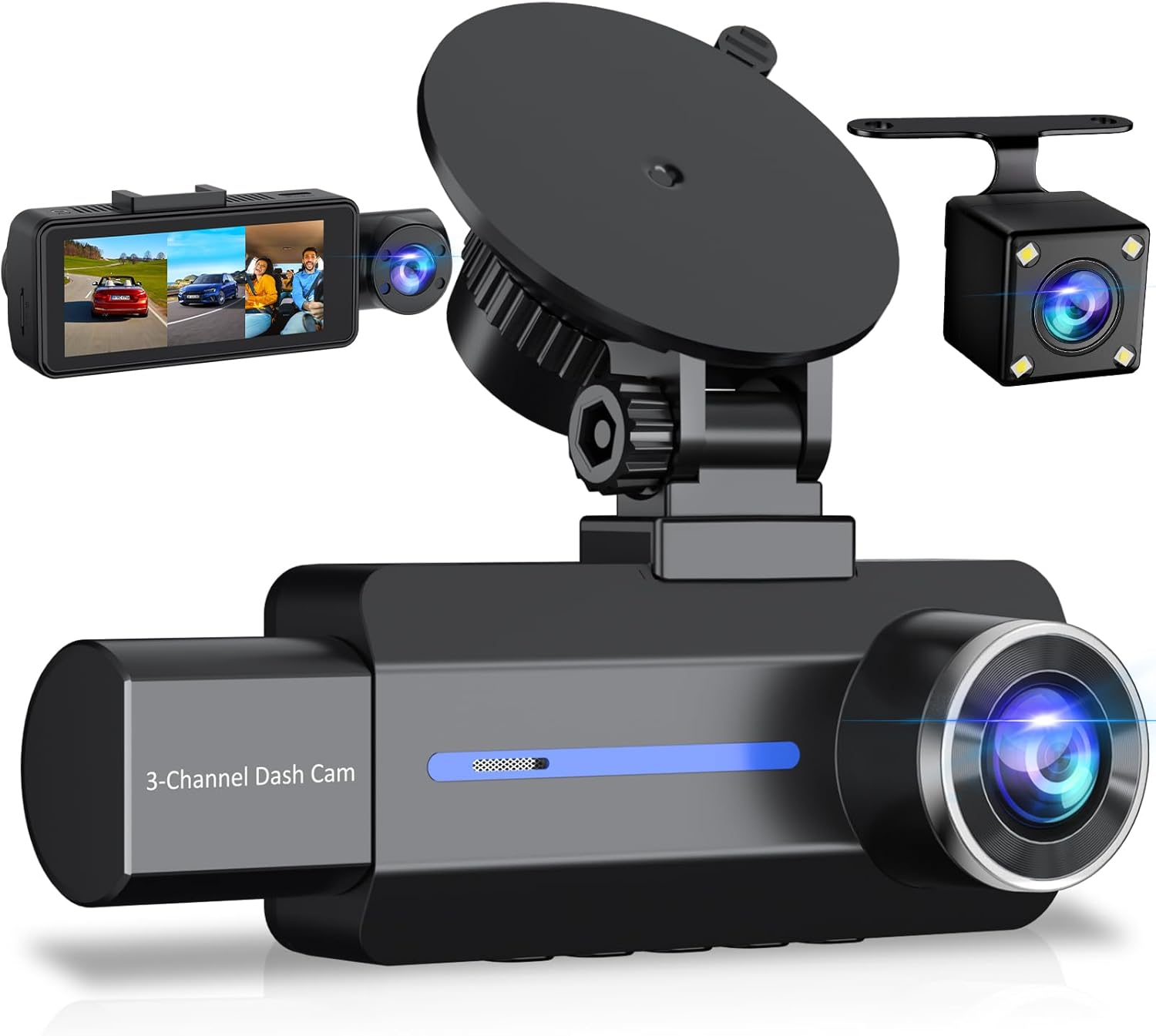 BAEASU Dash Cam Front and Rear 2.5K/1440P, 3 Channel Dash Camera for Cars Dash Cam Front Rear and Inside with 32GB Card, 3.16" IPS Screen, G-Sensor, Loop Recording, Night Vision, Parking Mode