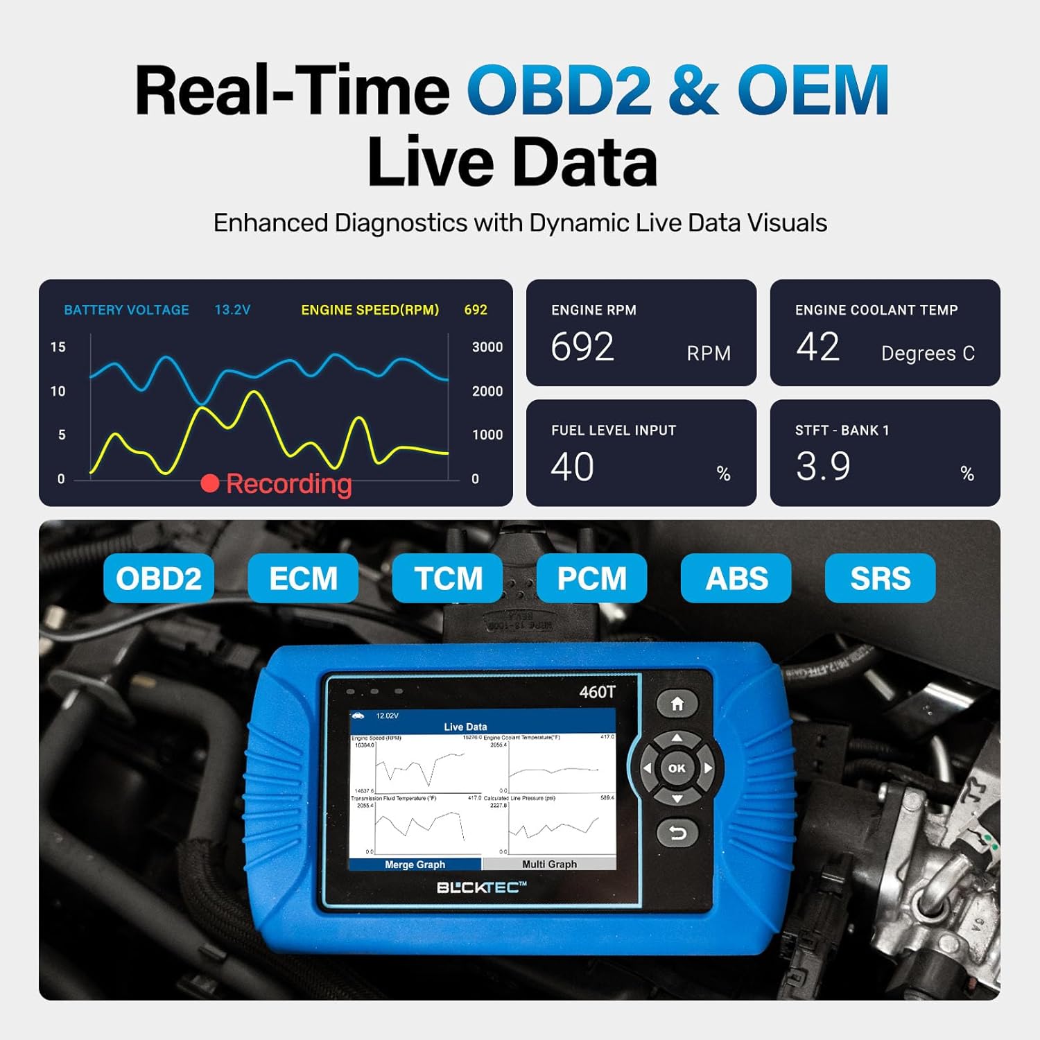 BLCKTEC 460T OBD2 Scanner Car Code Reader Engine ABS SRS Transmission Diagnostic Tool, 12 Reset Services, Oil/TPMS/EPB/BMS/SAS/DPF/Throttle Reset, ABS Bleeding, Battery Test, Auto VIN, Free Update - Image 5