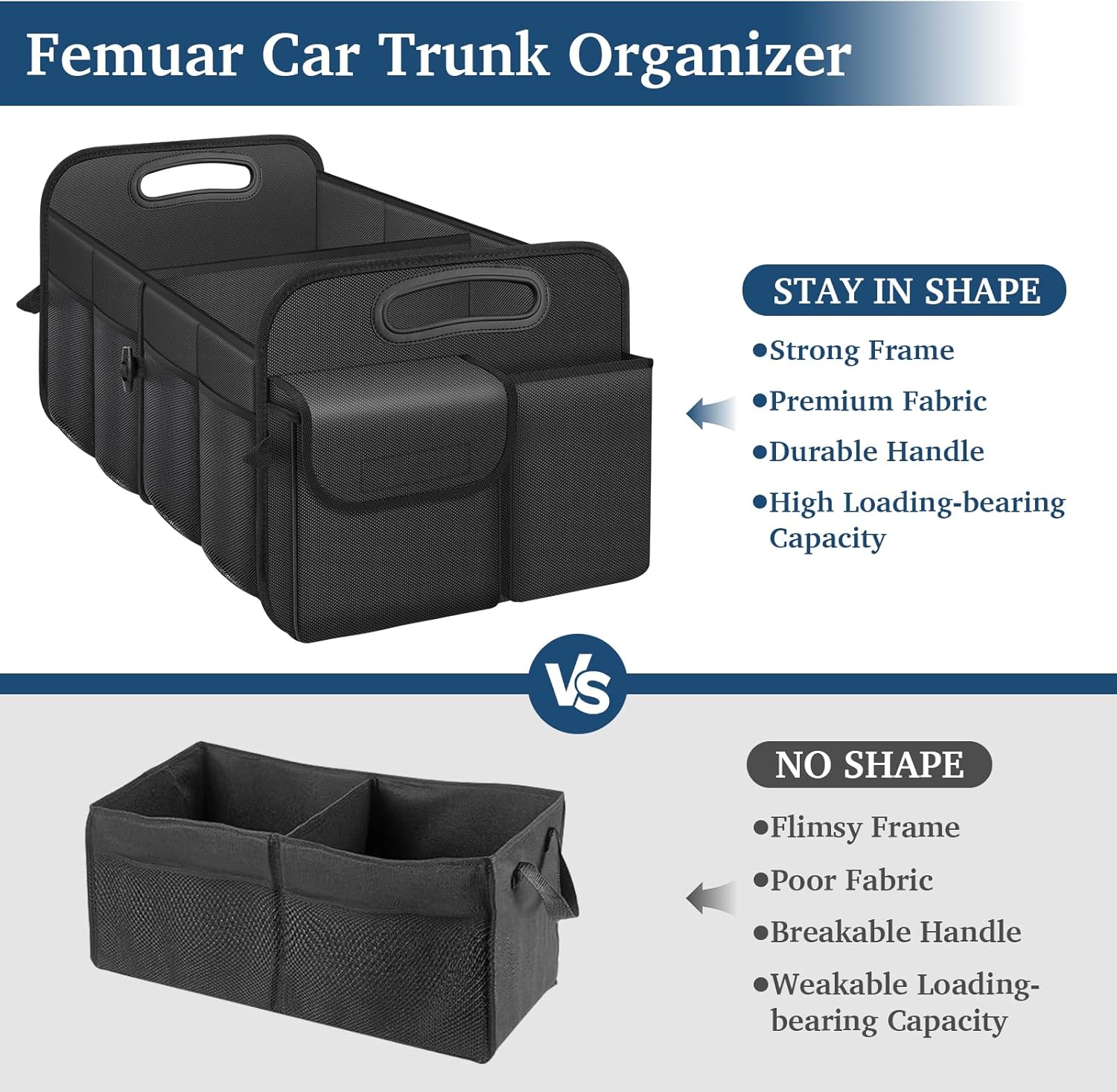 Femuar Car Trunk Organizer with Large Capacity Waterproof Car Accessories for Women & Men, Collapsible Trunk Organizer for Suv/Jeep/Sedan (Black, Standard) - Image 2