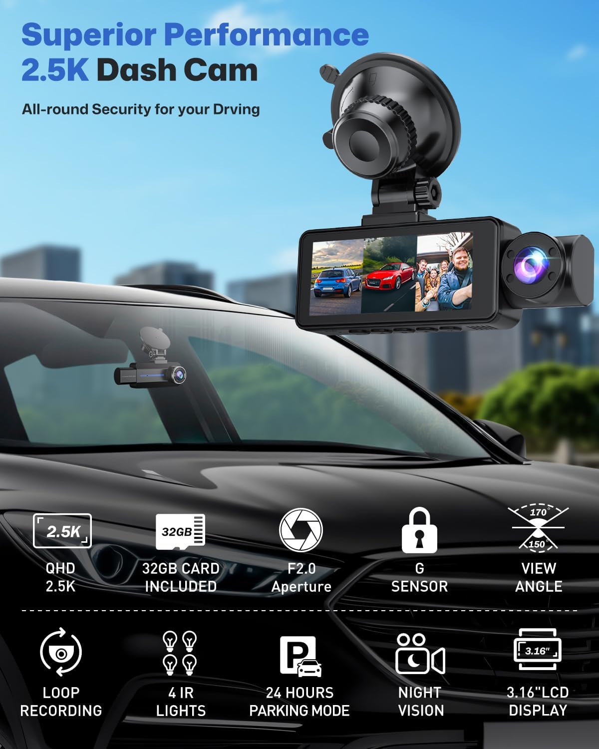 BAEASU Dash Cam Front and Rear 2.5K/1440P, 3 Channel Dash Camera for Cars Dash Cam Front Rear and Inside with 32GB Card, 3.16" IPS Screen, G-Sensor, Loop Recording, Night Vision, Parking Mode - Image 3