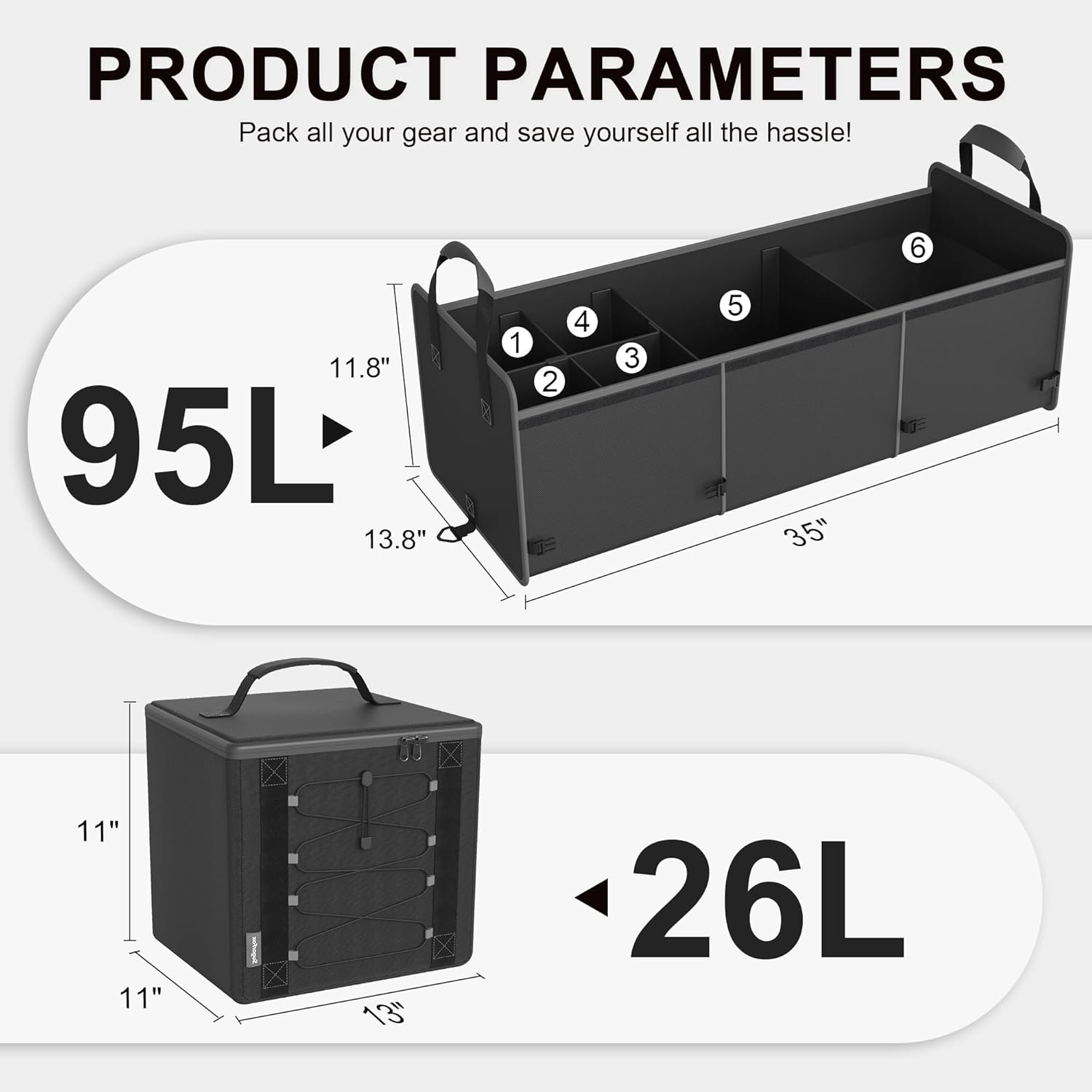 Bold Color Block Trunk Organizer | 95L, 35"x13.8"x11.8" | Dedicated Shoe Storage & 26L Ice Pack | Foldable for SUV/Car/Jeep | Stylish Gift & Essential Car Accessories for Drivers - Black-X212 - Image 6