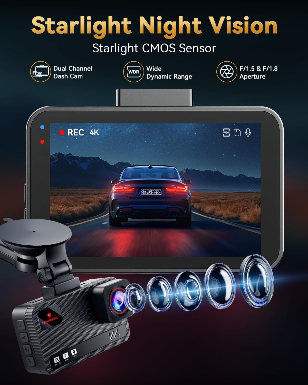 4K+4K Dash Cam Front and Rear, Free 128GB Card Included, 5.8GHz WiFi Dash Camera for Cars, Built-in GPS, G-Sensor, 170°Wide Angle, 3" IPS Screen, 24H Parking Mode, Support 512GB Max - Image 3