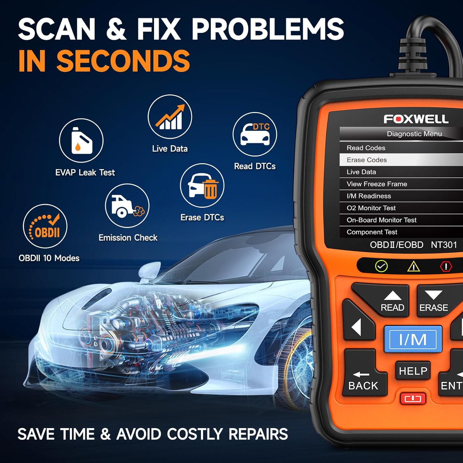 FOXWELL NT301 OBD2 Scanner Live Data Professional Mechanic OBDII Diagnostic Code Reader Tool for Check Engine Light - Image 3