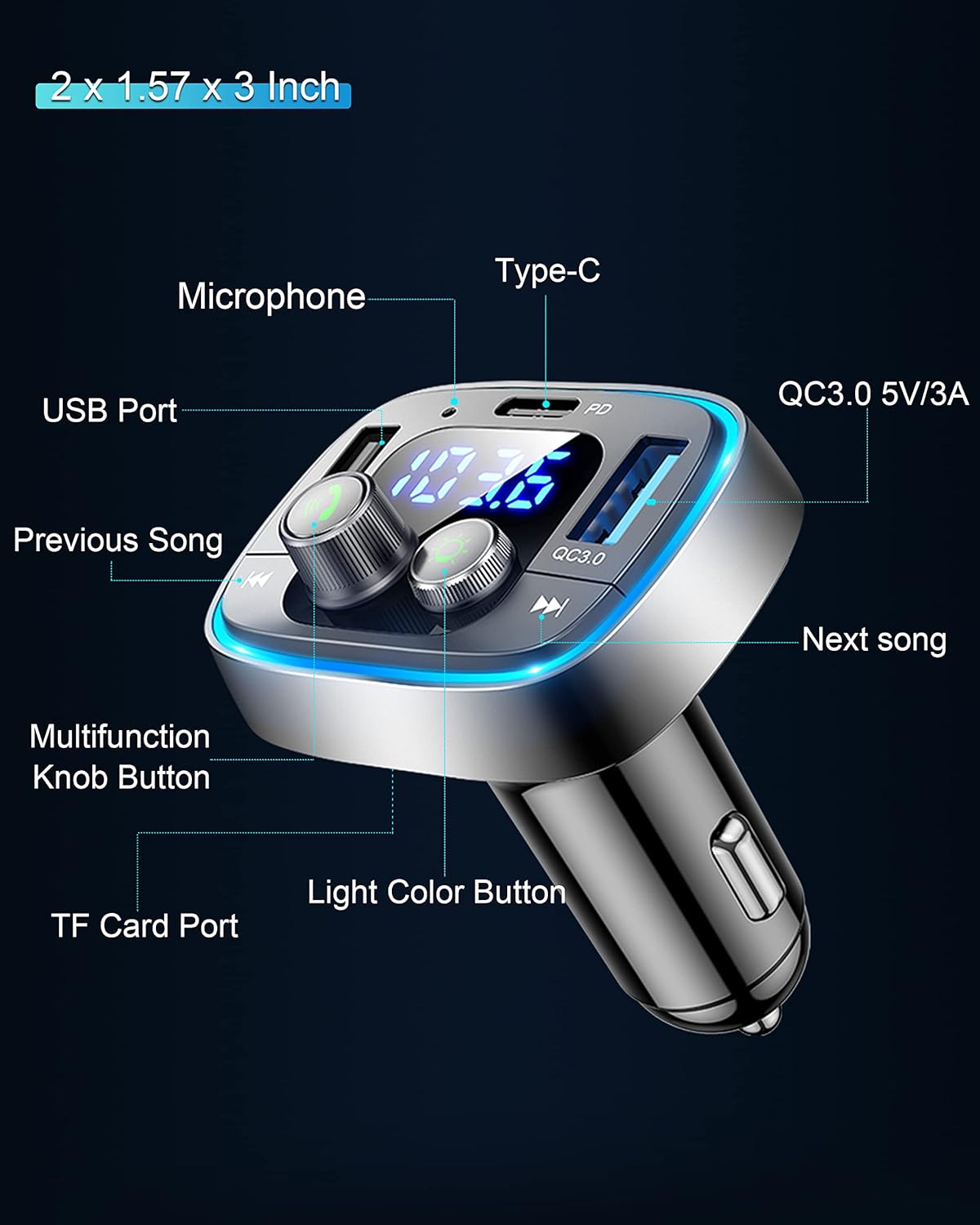 LIHAN USB C Bluetooth 5.4 Car Adapter, Wireless Upgrade Audio System for Non-Bluetooth Vehicles, FM Radio Transmitter, 48W Fast Charging, Stable Hands-Free Calling, MP3 Music Player, Support USB/TF - Image 9
