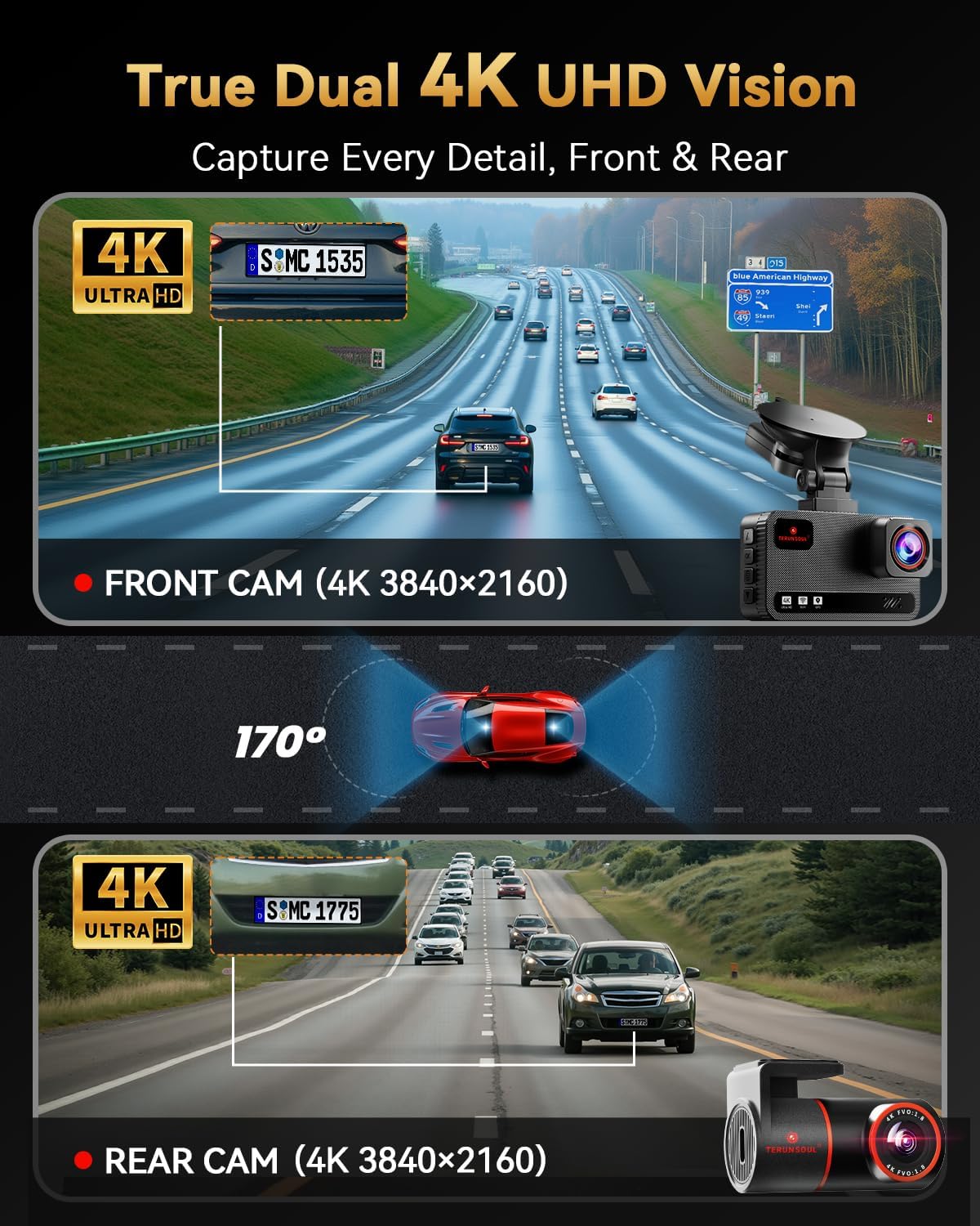 4K+4K Dash Cam Front and Rear, Free 128GB Card Included, 5.8GHz WiFi Dash Camera for Cars, Built-in GPS, G-Sensor, 170°Wide Angle, 3" IPS Screen, 24H Parking Mode, Support 512GB Max - Image 2