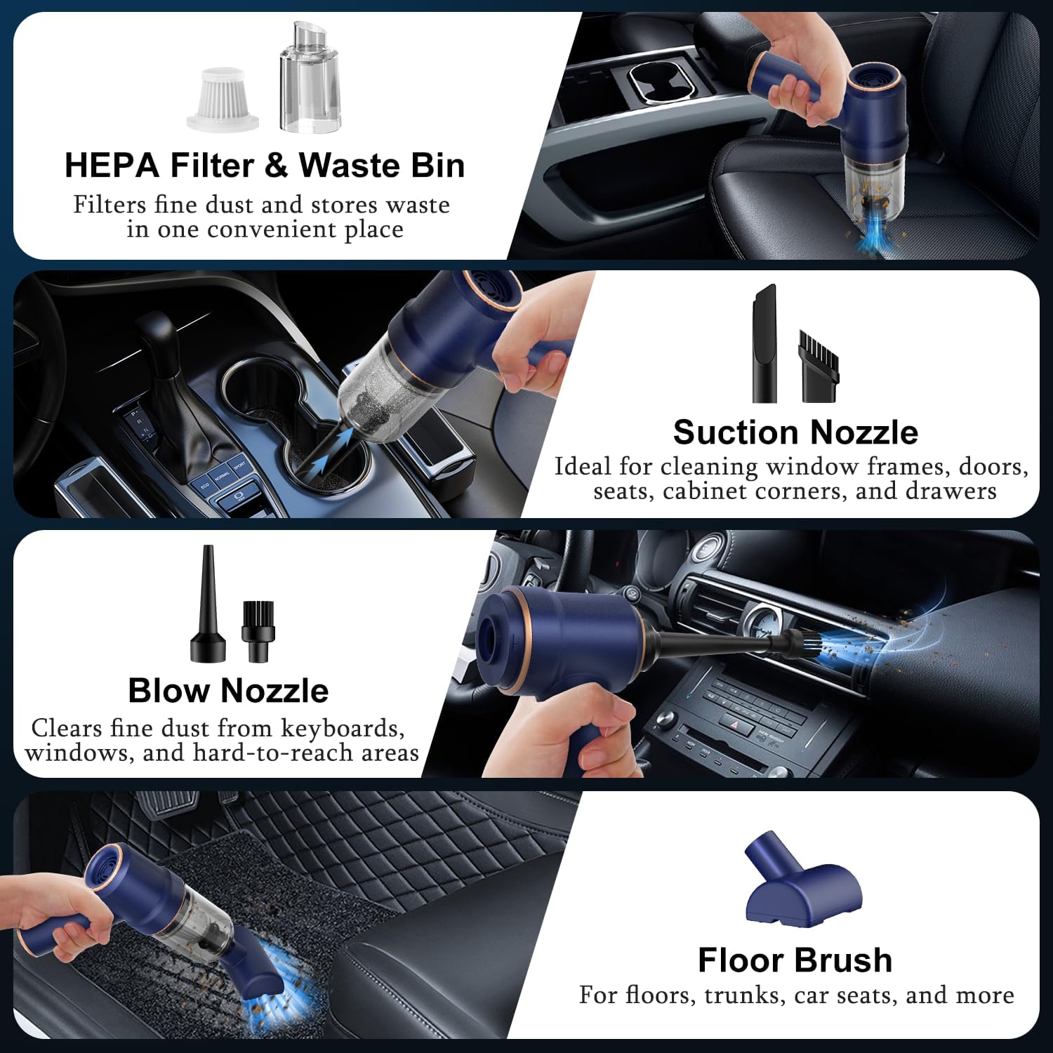 KMM Handheld Car Vacuum Cleaner, 9000Pa Vacuum Cleaner and Air Duster, 120W High Power Hand Held Vacuum with LED Light and Multi-Nozzles for Car, Home, Office, Pet - Image 6