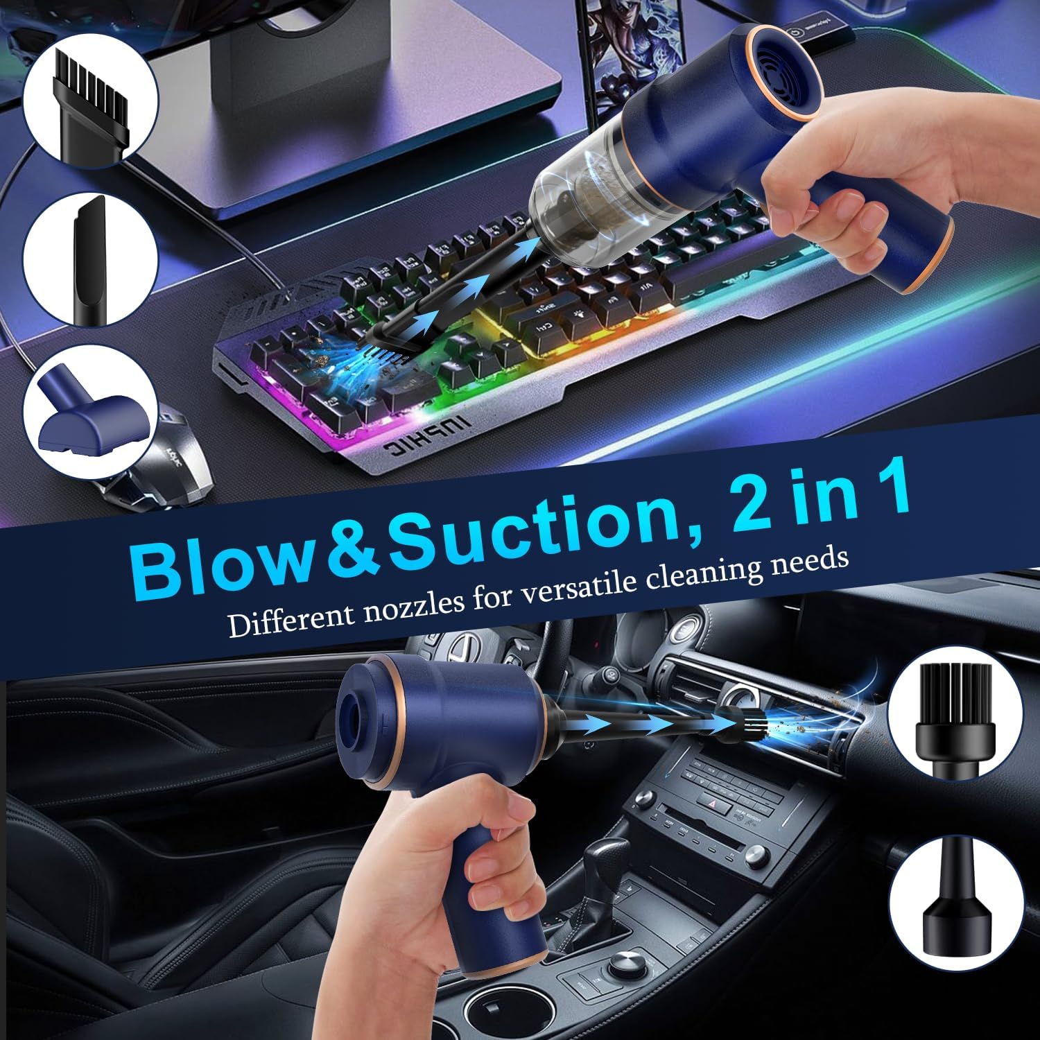 KMM Handheld Car Vacuum Cleaner, 9000Pa Vacuum Cleaner and Air Duster, 120W High Power Hand Held Vacuum with LED Light and Multi-Nozzles for Car, Home, Office, Pet - Image 2