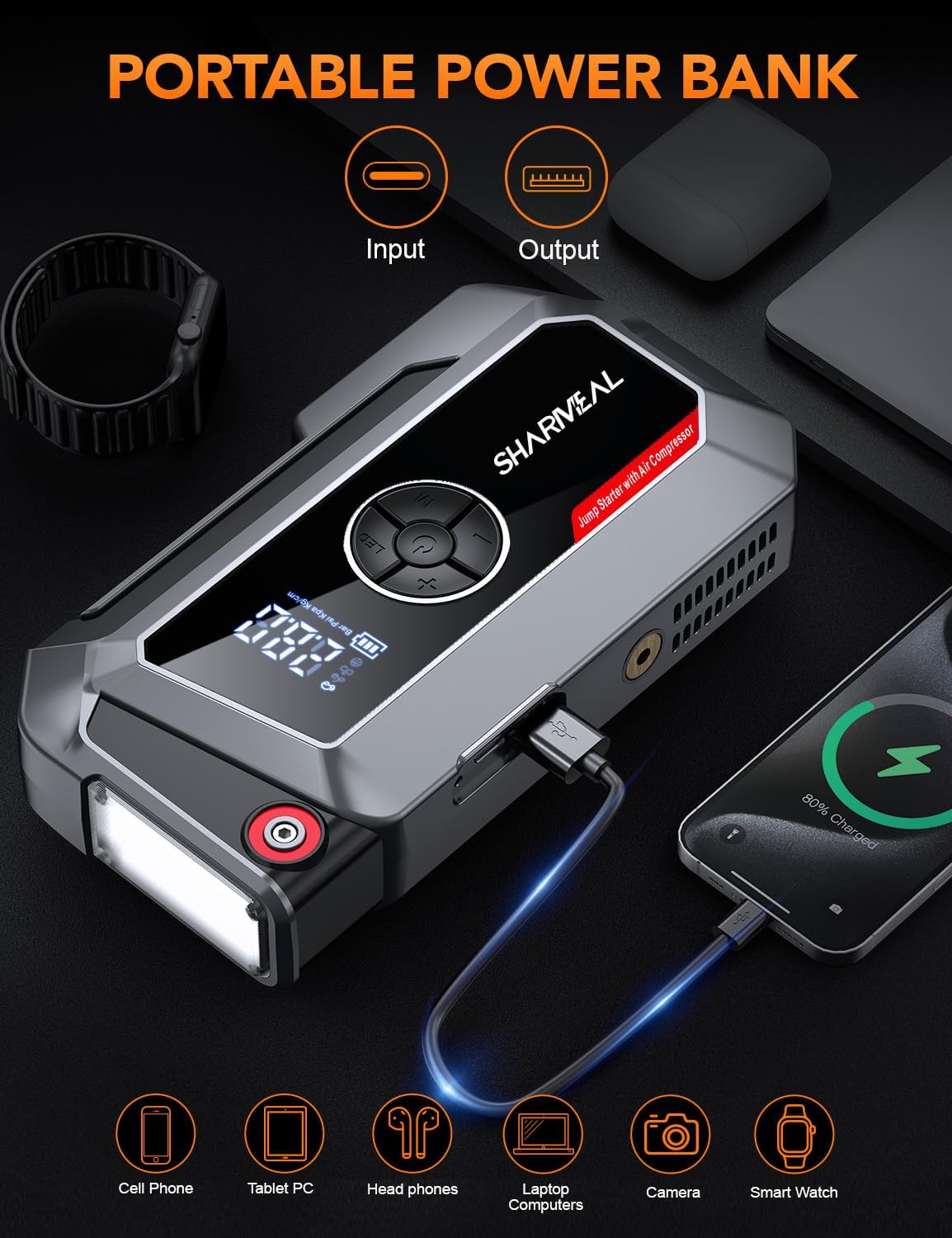 Sharmeal Jump Starter with Air Compressor, 6000A Car Battery Jump Starter (All Gas/10.0L Diesel), 200PSI Jump Starter Power Pack Portable 12V Jump Box with Jumper Cables, LED Light - Image 5