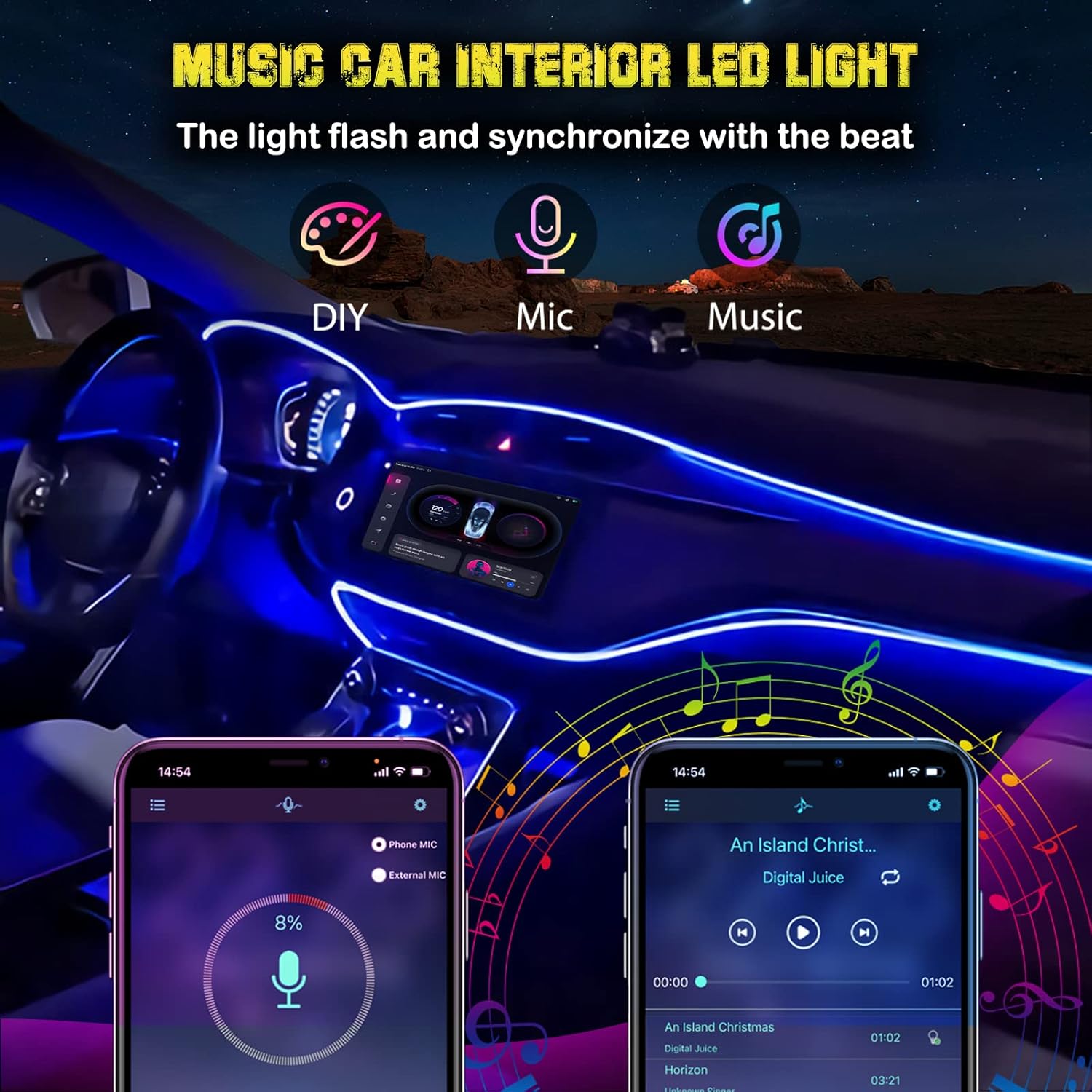 Jushope Interior Car LED Strip Lights, RGB USB Car Ambient Lighting with Wireless APP & Remote Control, Car Accessories Fiber Optifc Lights Sync to Music (2 LED/157 inches) - Image 6
