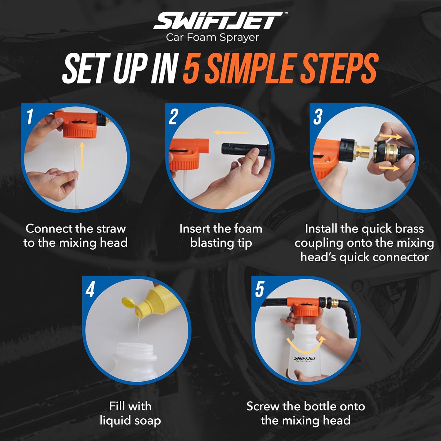 SwiftJet Car Wash Foam Gun + Microfiber Wash Mitt - Foam Cannon Works with Any Soap - Garden Hose Car Foam Sprayer - Car Wash Kit - Car Accessories Foam Blaster (Orange Foam Gun with Mitt) - Image 9