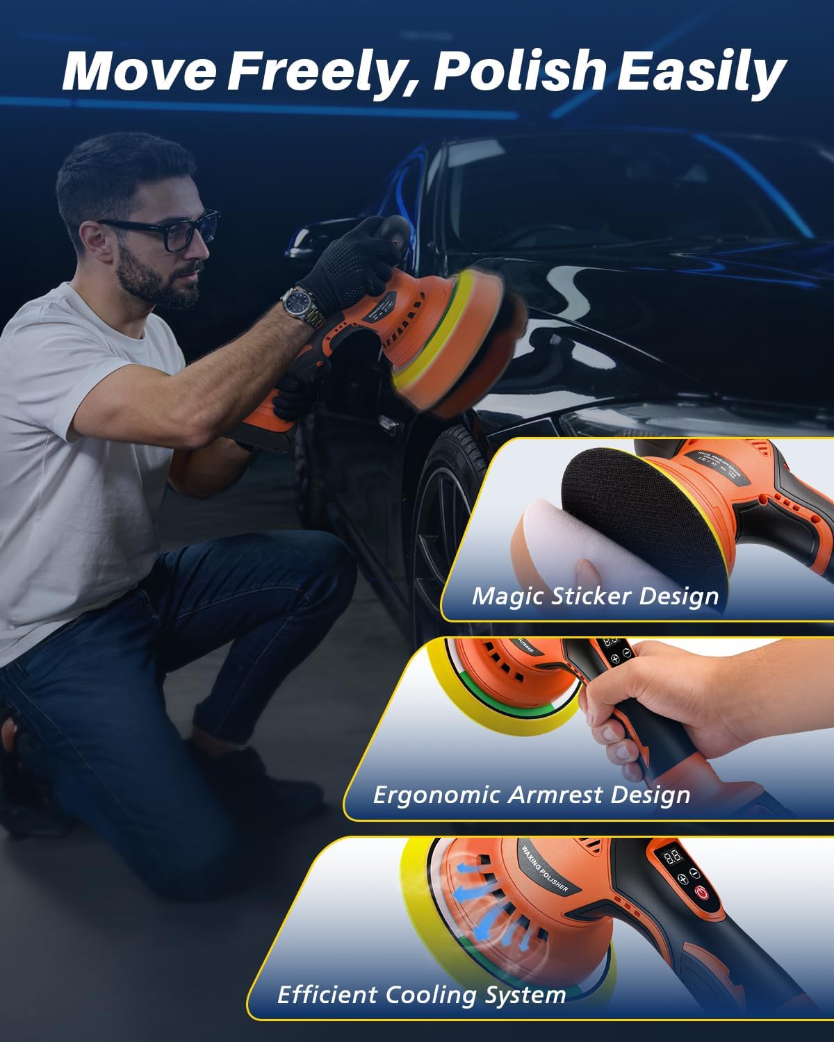 Cordless Car Buffer Polisher, 8 Variable Speed Car Polisher with 2x 21V 2000mAh Batteries & 18 PCS Attachments, 2800-6000RPM Cordless Car Polishing Machine for Waxing, Polishing & Scratch Removal - Image 3