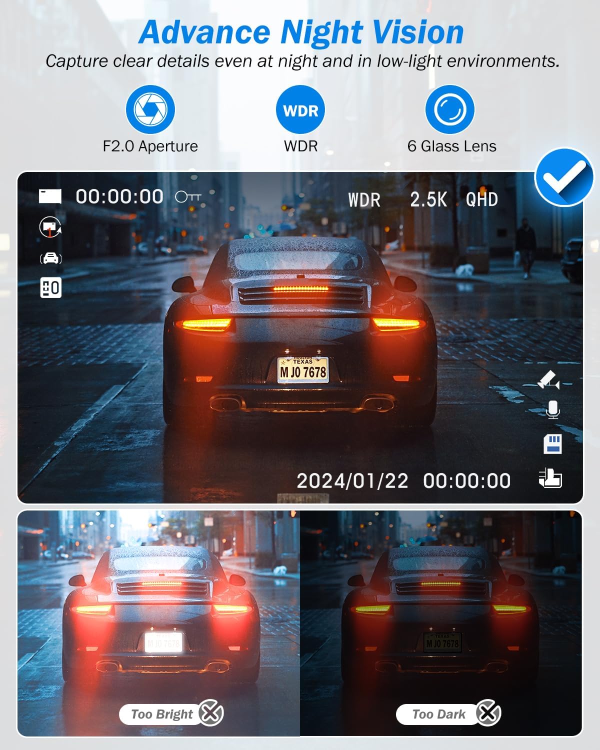 BAEASU Dash Cam Front and Rear 2.5K/1440P, 3 Channel Dash Camera for Cars Dash Cam Front Rear and Inside with 32GB Card, 3.16" IPS Screen, G-Sensor, Loop Recording, Night Vision, Parking Mode - Image 6