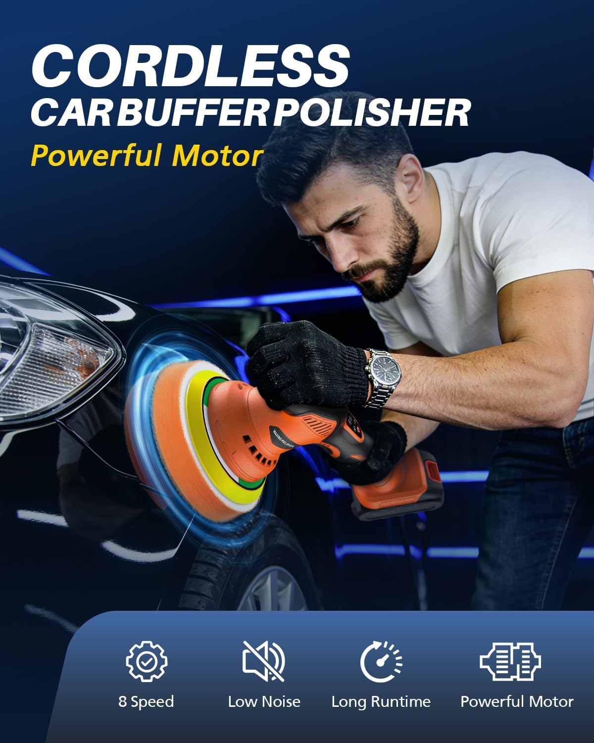 Cordless Car Buffer Polisher, 8 Variable Speed Car Polisher with 2x 21V 2000mAh Batteries & 18 PCS Attachments, 2800-6000RPM Cordless Car Polishing Machine for Waxing, Polishing & Scratch Removal - Image 7