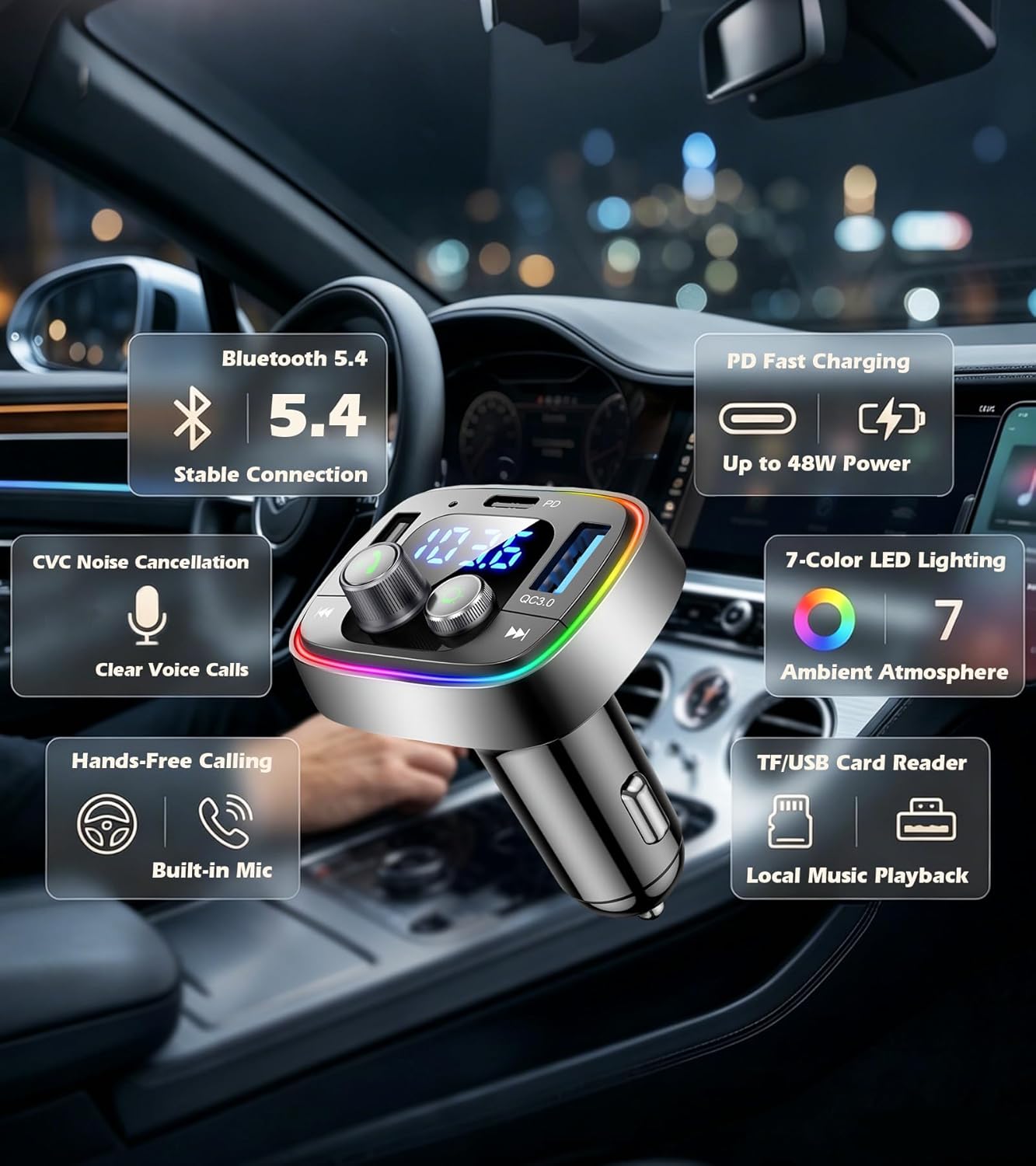 LIHAN USB C Bluetooth 5.4 Car Adapter, Wireless Upgrade Audio System for Non-Bluetooth Vehicles, FM Radio Transmitter, 48W Fast Charging, Stable Hands-Free Calling, MP3 Music Player, Support USB/TF - Image 3