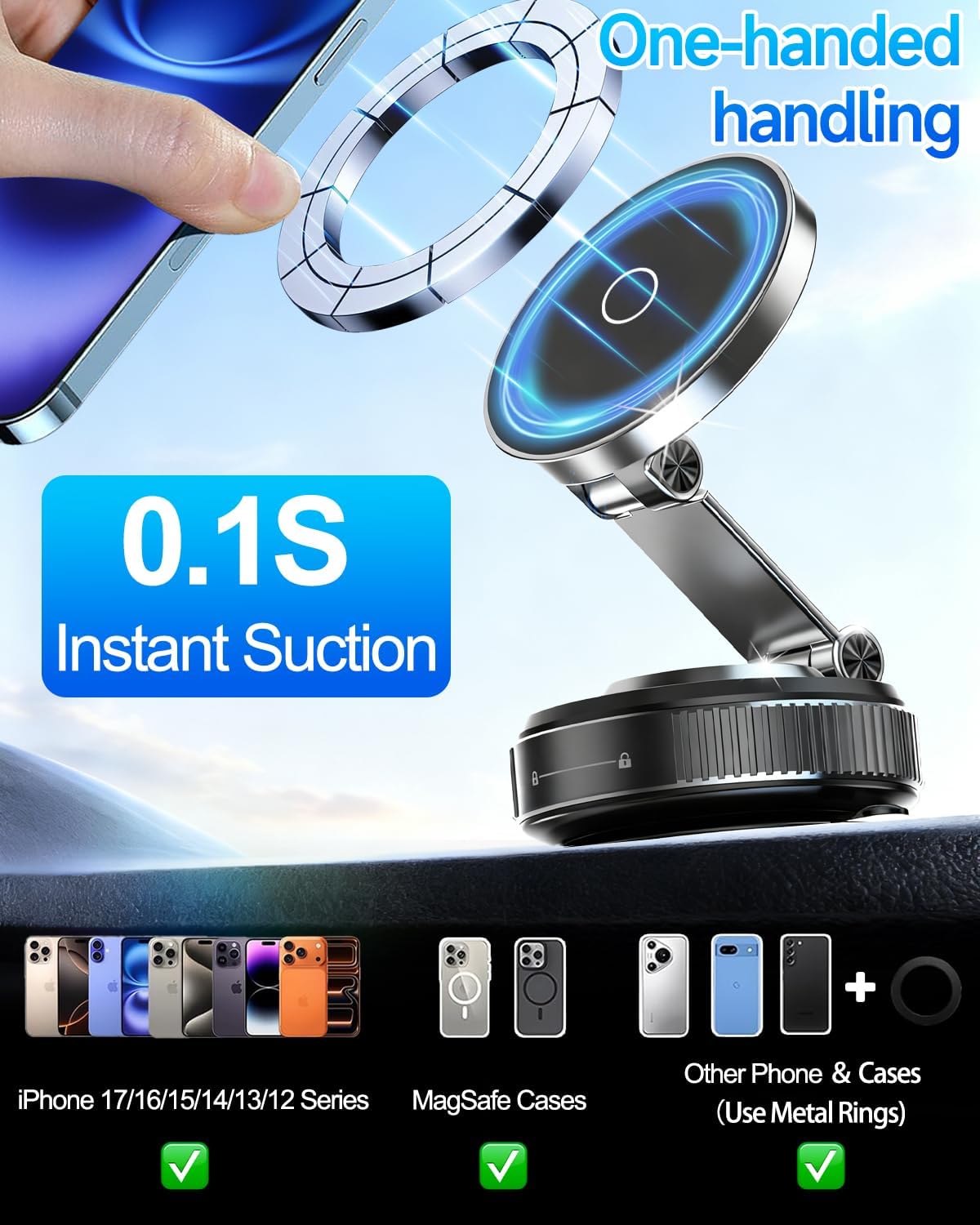 Vacuum Magnetic Car Phone Holder 360° Strongest 120LBS Ultra Suction Cup Phone Mount for MagSafe Dashboard Cell Phone Holders for Your Car/Gym/Mirror Bracket for iPhone 17 & Android, Metal Stand Rotor - Image 6