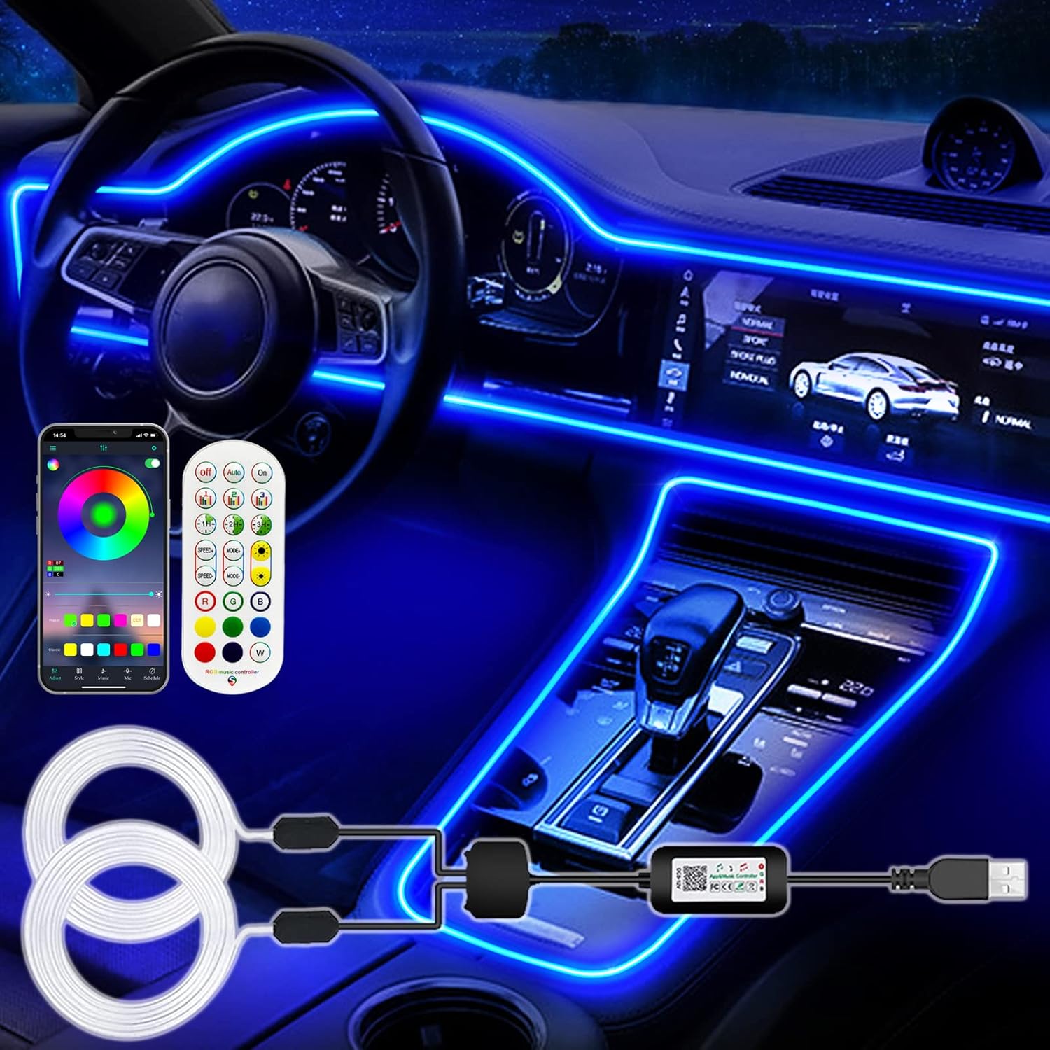 Jushope Interior Car LED Strip Lights, RGB USB Car Ambient Lighting with Wireless APP & Remote Control, Car Accessories Fiber Optifc Lights Sync to Music (2 LED/157 inches)