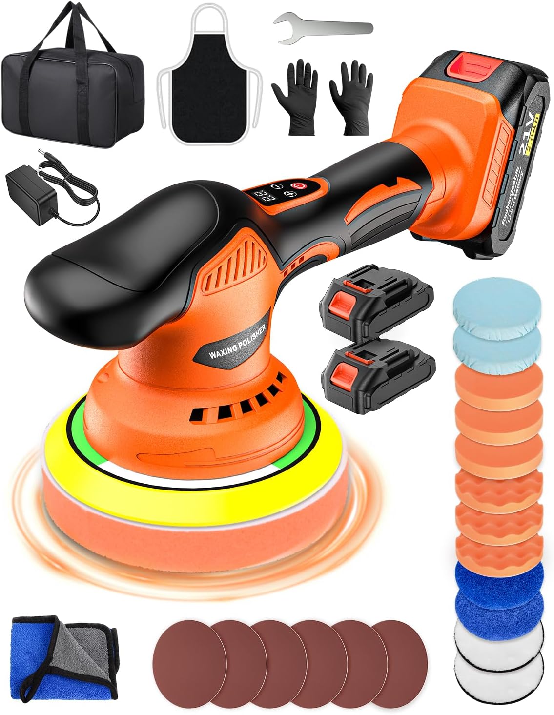 Cordless Car Buffer Polisher, 8 Variable Speed Car Polisher with 2x 21V 2000mAh Batteries & 18 PCS Attachments, 2800-6000RPM Cordless Car Polishing Machine for Waxing, Polishing & Scratch Removal