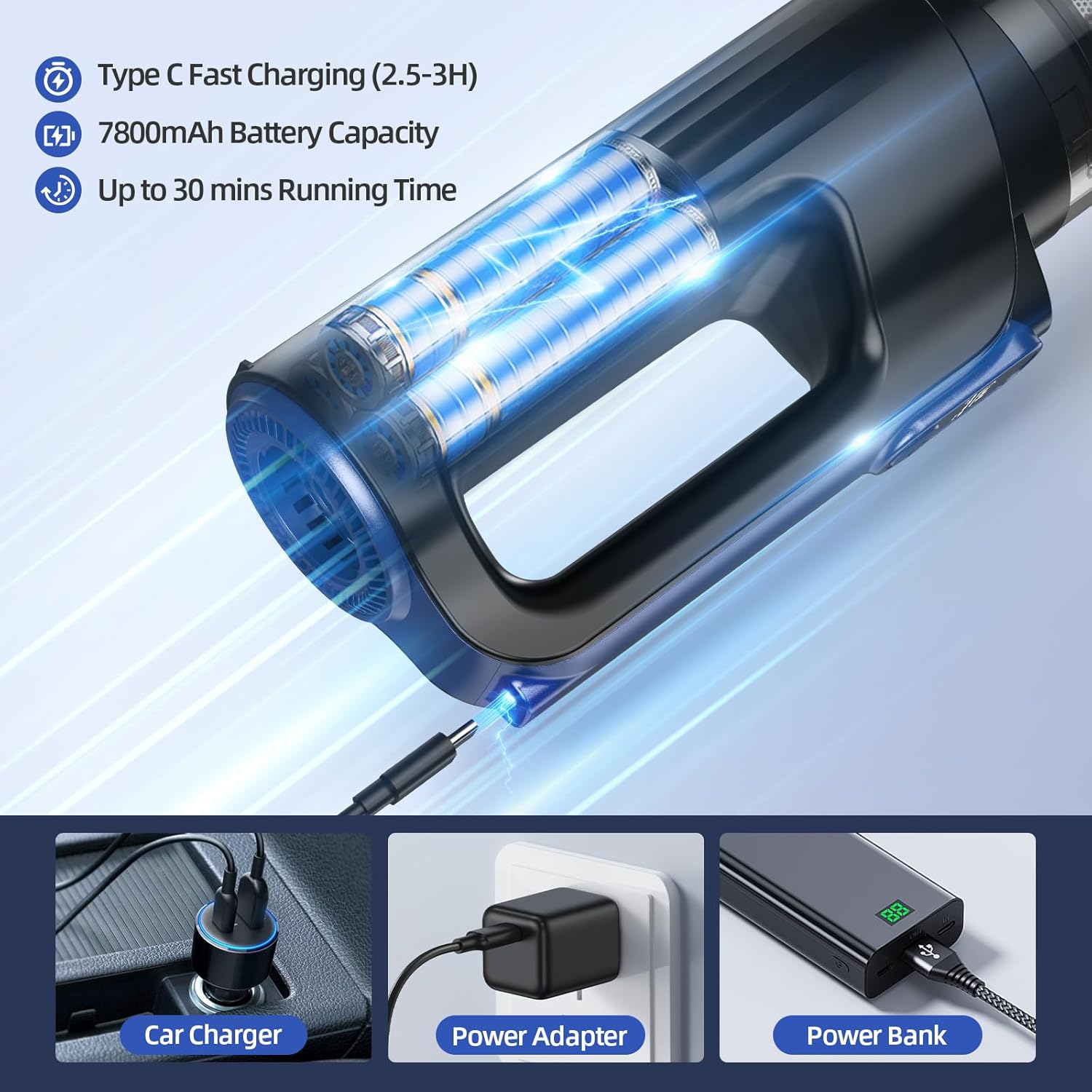 MONOZEL Car Vacuum Portable Cordless, 18000Pa 2 in 1 Vacuum Cleaner&Air Duster, 130W Brushless Motor Handheld Vacuum Cordless with 7800mAh Battery, LED Light, Multi-Nozzles for Car, Home, Office, Pet - Image 8