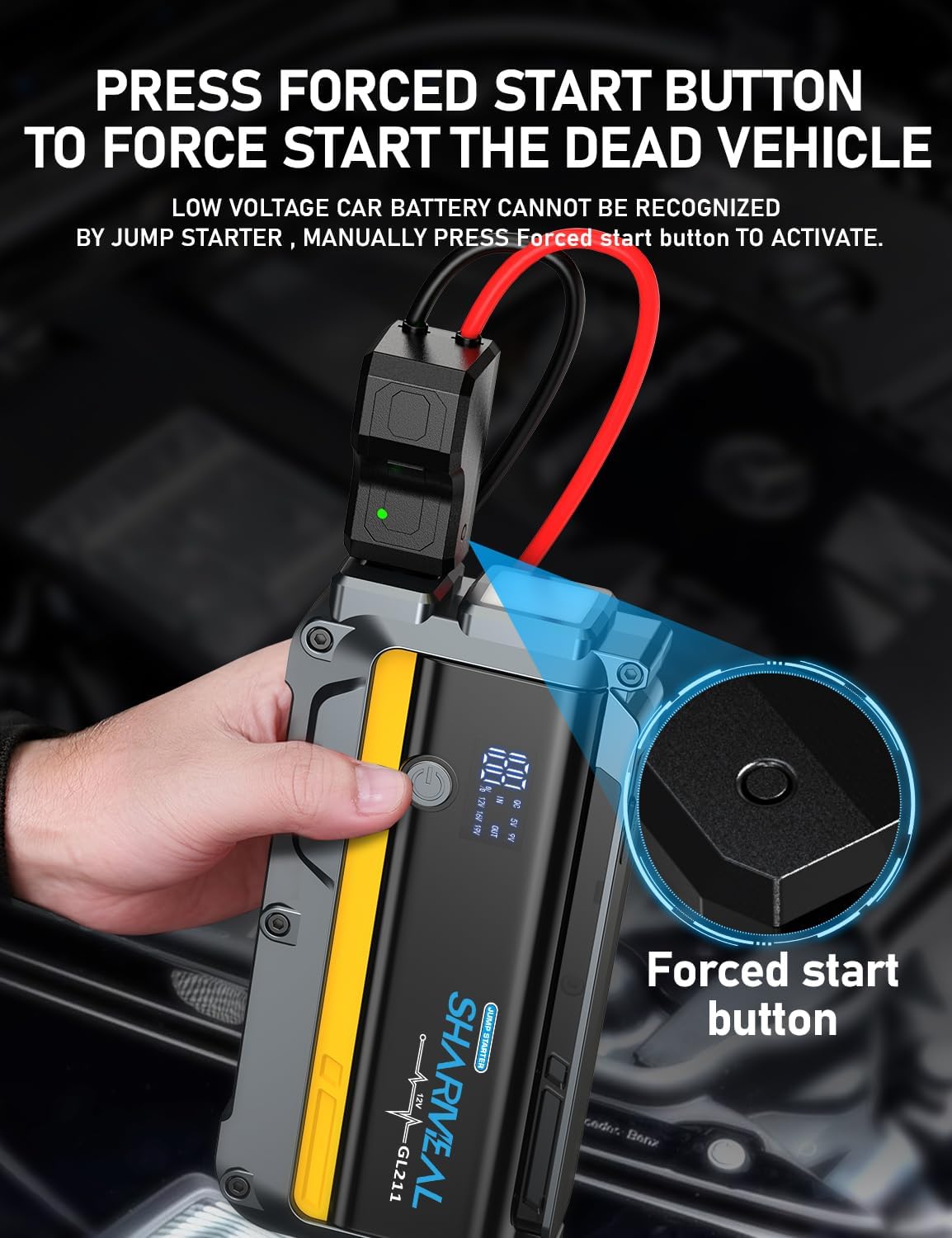 Sharmeal 7000A Car Battery Jump Starter, 12000mAh Car Jumper Starter Battery Pack for Up to All Gas & 12.0L Diesel Engines, 12V Portable Jump Box with 3 Modes Flashlight and Jumper Cable - Image 3