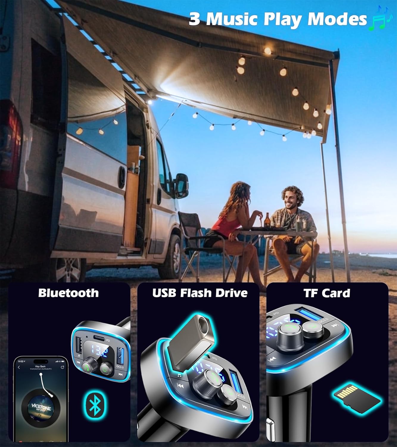 LIHAN USB C Bluetooth 5.4 Car Adapter, Wireless Upgrade Audio System for Non-Bluetooth Vehicles, FM Radio Transmitter, 48W Fast Charging, Stable Hands-Free Calling, MP3 Music Player, Support USB/TF - Image 4