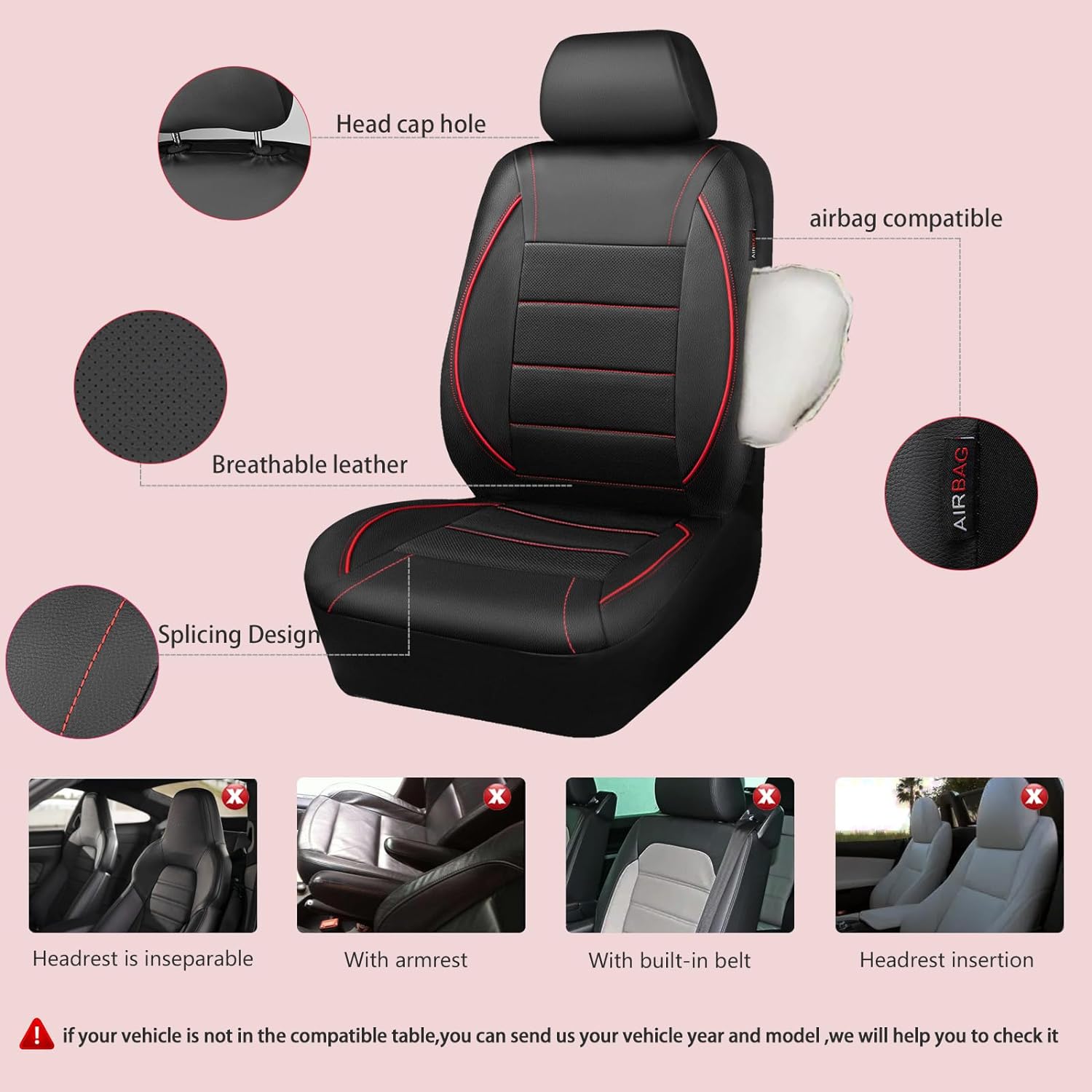 CAR PASS Universal FIT Piping Leather Two Front Seat Covers, Waterproof Faux Leather for SUV Sedan Van Truck, Airbag Compatible,Reserved Opening Holes for Headrest Covers. (Black red) - Image 2