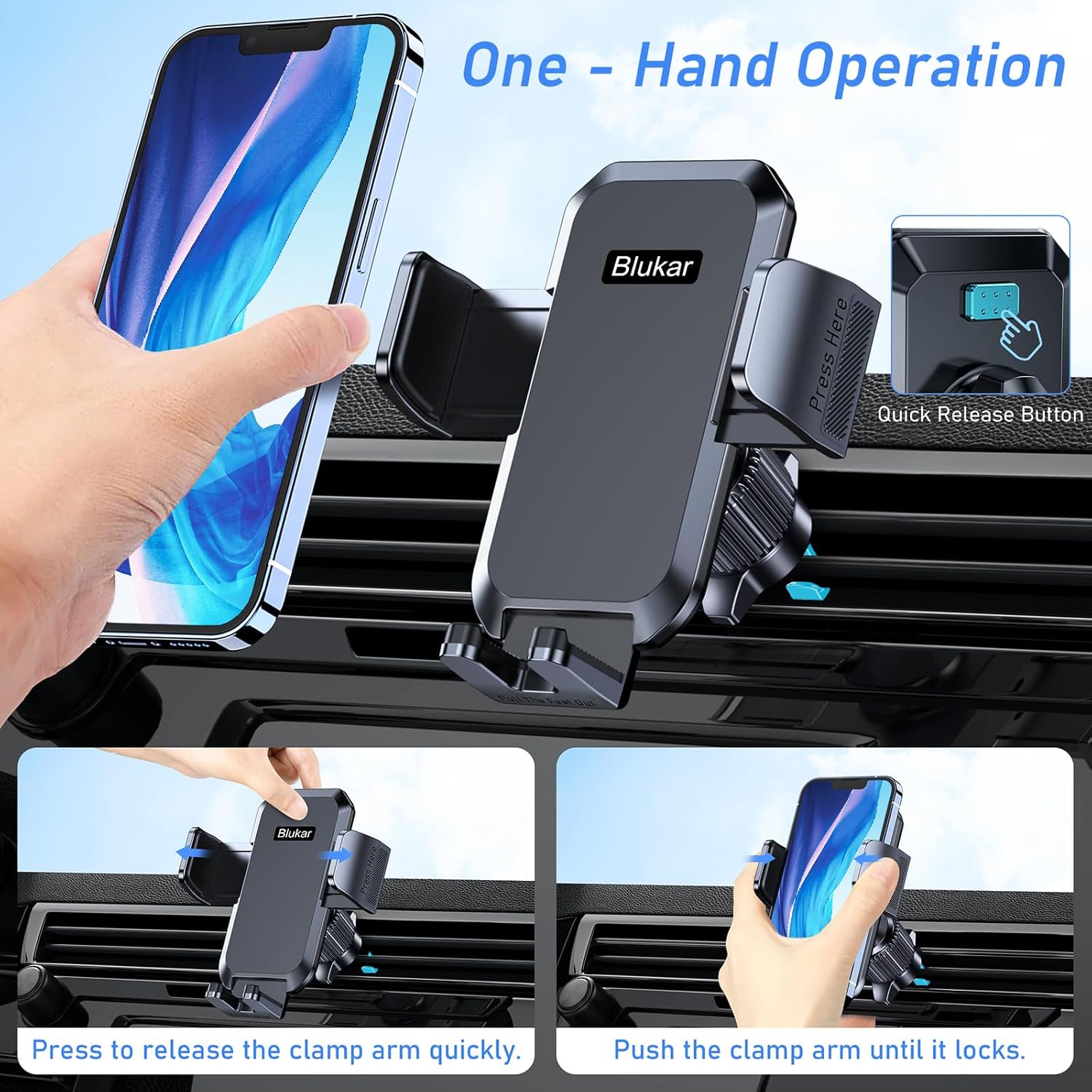 Blukar Car Phone Holder Mount, Super Stable Air Vent Cell Phone Car Mount with 2025 Metal Hook Clip, 360° Rotation,One Button Release for iPhone, Galaxy, Google, and All Other Smartphones - Image 2
