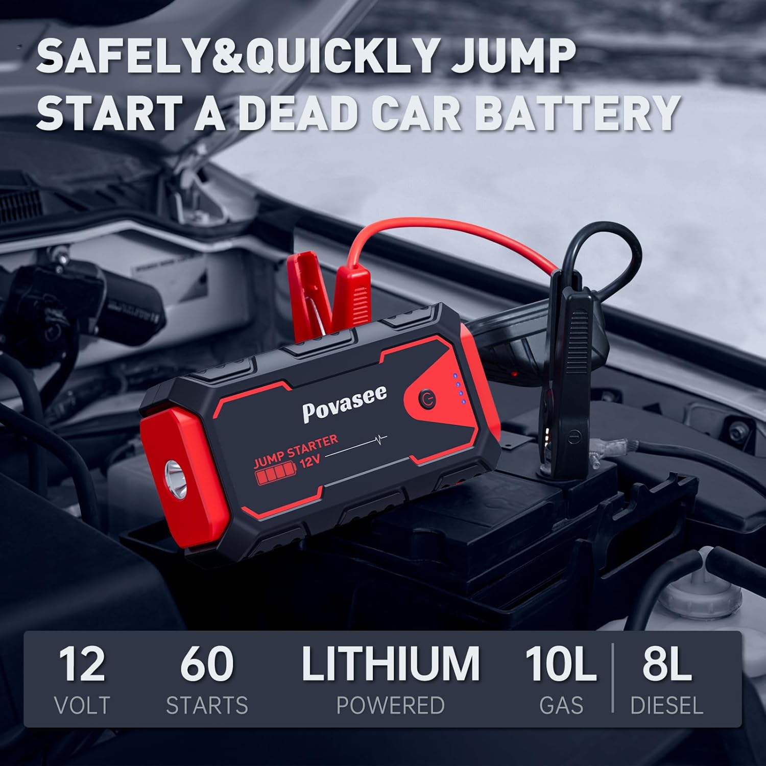 Povasee Jump Starter 5000A Car Jumper Starter, Model A30 12V Jump Box for Car Battery up to 10L Gas or 8L Diesel Engine Battery Jumper Starter Portable with Power Bank/Dual Output/LED Light - Image 2