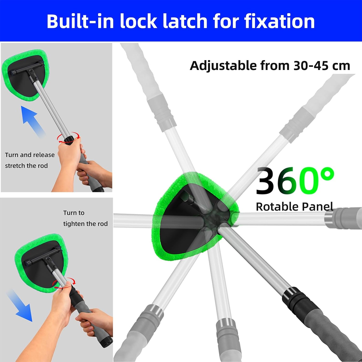 desin Windshield Cleaning Tool, Car Window Cleaner Windshield Cleaner with 4 Reusable and Washable Microfiber Pads and Extendable Handle Auto Inside Glass Wiper Kit (Green) - Image 3