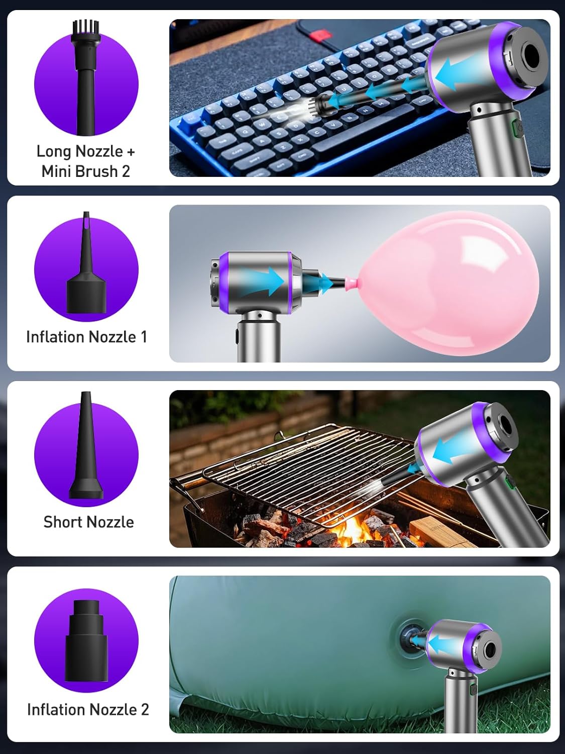 Vacuum/Air Duster 80,000RPM Super Power Mini Car Vacuum Cleaner 4-in-1 air Blower Gun Air Duster & Air Blower & Pump Hand Electric air Duster Handheld dust Blower Blower Cordless (Purple) - Image 6