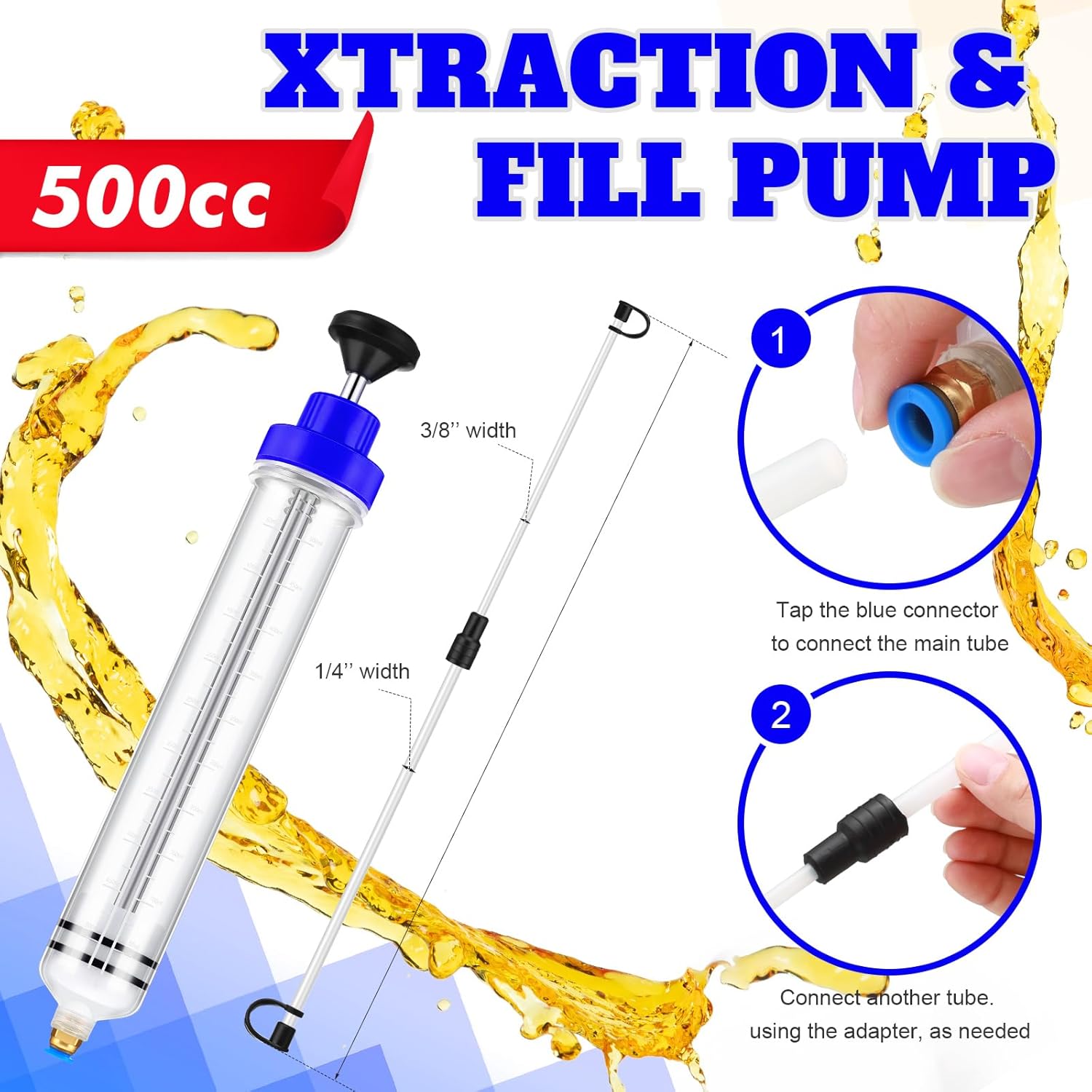 Lothee 2 Pack 500cc Automotive Fluid Extractor Pump Oil Extractor Hand Syringe Pump with Hose Manual Suction Vacuum Fuel Car Transfer for Power Steering, Hydraulic Fluid(Blue) - Image 3