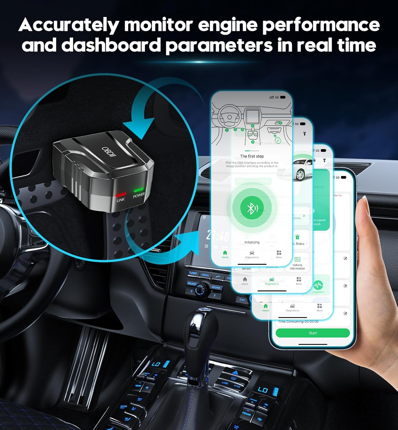 OBD2 Scanner Reader Bluetooth Wireless Auto Diagnostic Scan Tool for iOS & Android for Performance Test Bluetooth 5.4 Car Check Engine Car Code Reader, Clear Error Code Live Data Reset Exclusive APP - Image 6