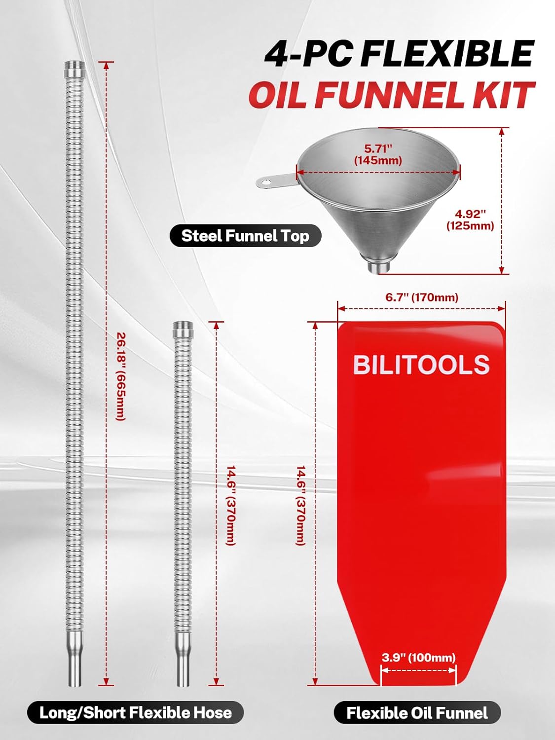 BILITOOLS 4pc Oil Change Kit, Spill-Free Steel System with Filter & 14.6"/26.2 Hoses + Reusable Flexible Funnel for Automotive Use, Universal Oil Funnel Kit for Engine, Transmission & Cooling Systems - Image 2