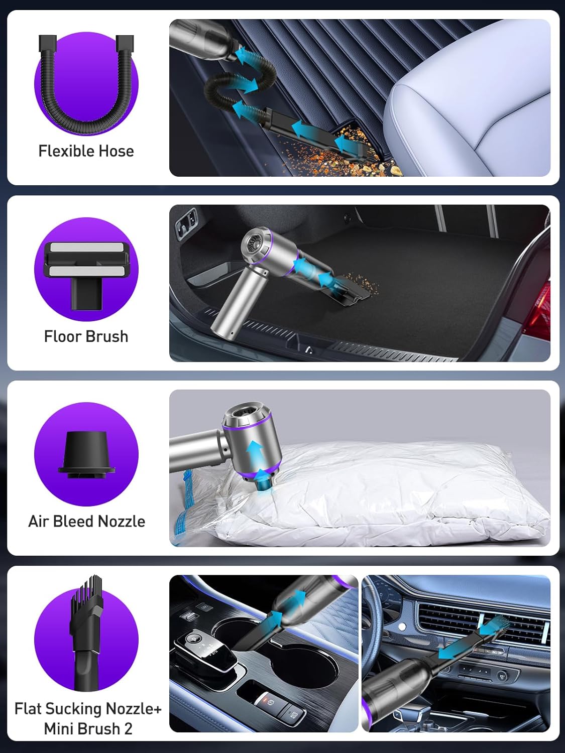 Vacuum/Air Duster 80,000RPM Super Power Mini Car Vacuum Cleaner 4-in-1 air Blower Gun Air Duster & Air Blower & Pump Hand Electric air Duster Handheld dust Blower Blower Cordless (Purple) - Image 5