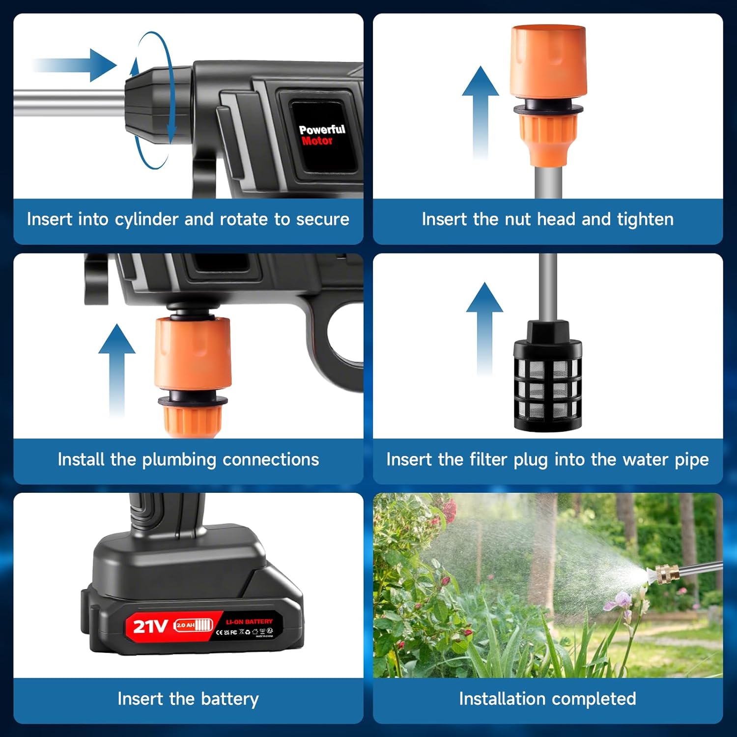 Portable Cordless Pressure Washer, 60Bar/870PSI 21V Rechargeable Battery Powered Pressure Washer, Electric Pressure washers Handheld High Pressure Car Washer Gun with 2 Nozzles, 2 Battery, 5m Hose - Image 6