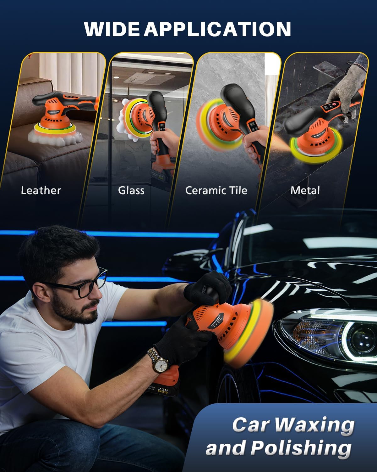 Cordless Car Buffer Polisher, 8 Variable Speed Car Polisher with 2x 21V 2000mAh Batteries & 18 PCS Attachments, 2800-6000RPM Cordless Car Polishing Machine for Waxing, Polishing & Scratch Removal - Image 8