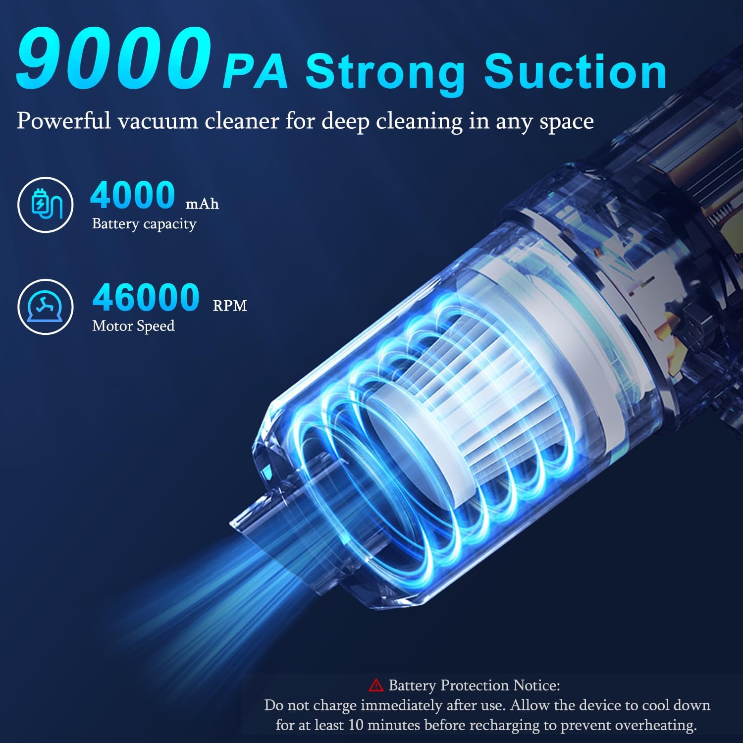 KMM Handheld Car Vacuum Cleaner, 9000Pa Vacuum Cleaner and Air Duster, 120W High Power Hand Held Vacuum with LED Light and Multi-Nozzles for Car, Home, Office, Pet - Image 3